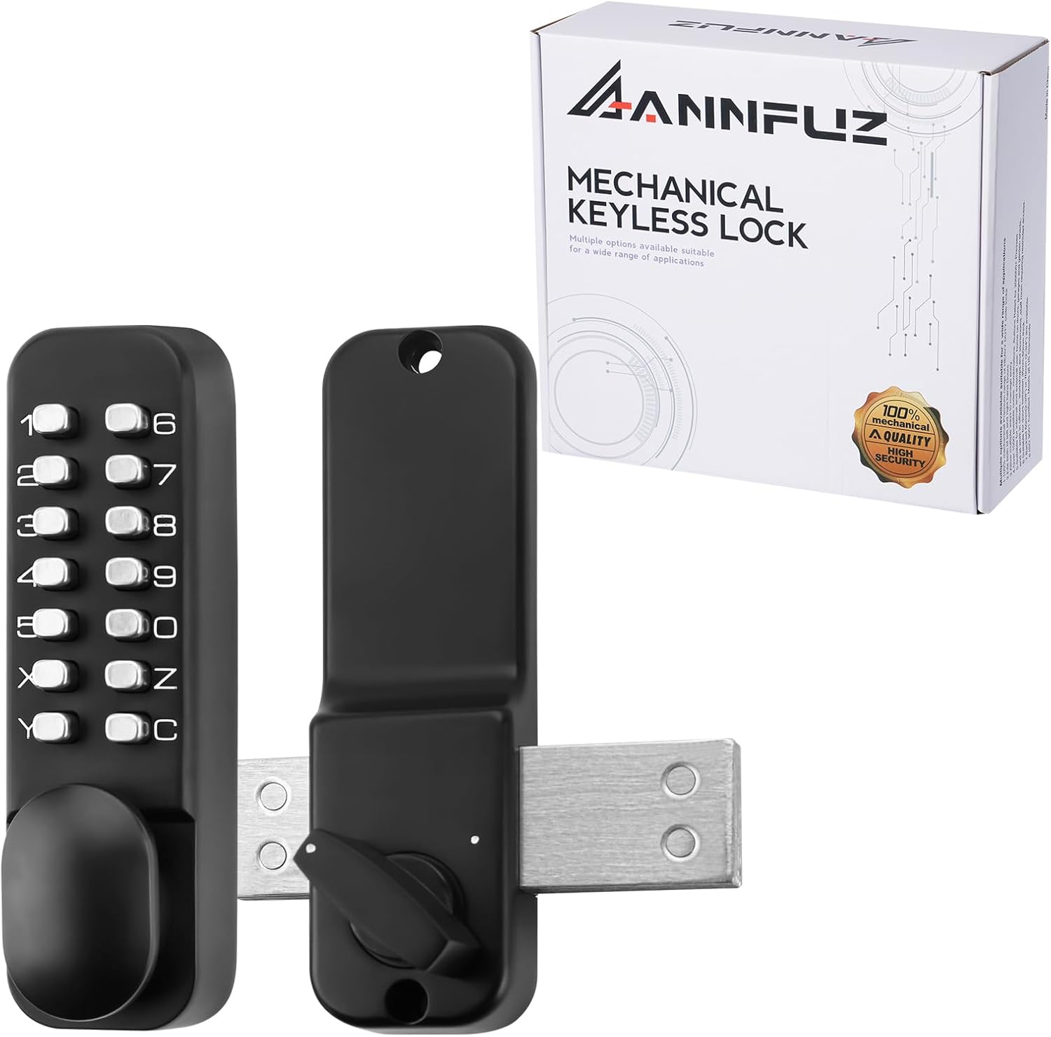 Mechanical Keyless Entry Door Lock with Bolt,Single-Sided Passcode Keypad Door Lever Set,Interior Exterior Manually Locking,Combination Gate Lock for Warehouse,No Electronic(Matte Black)