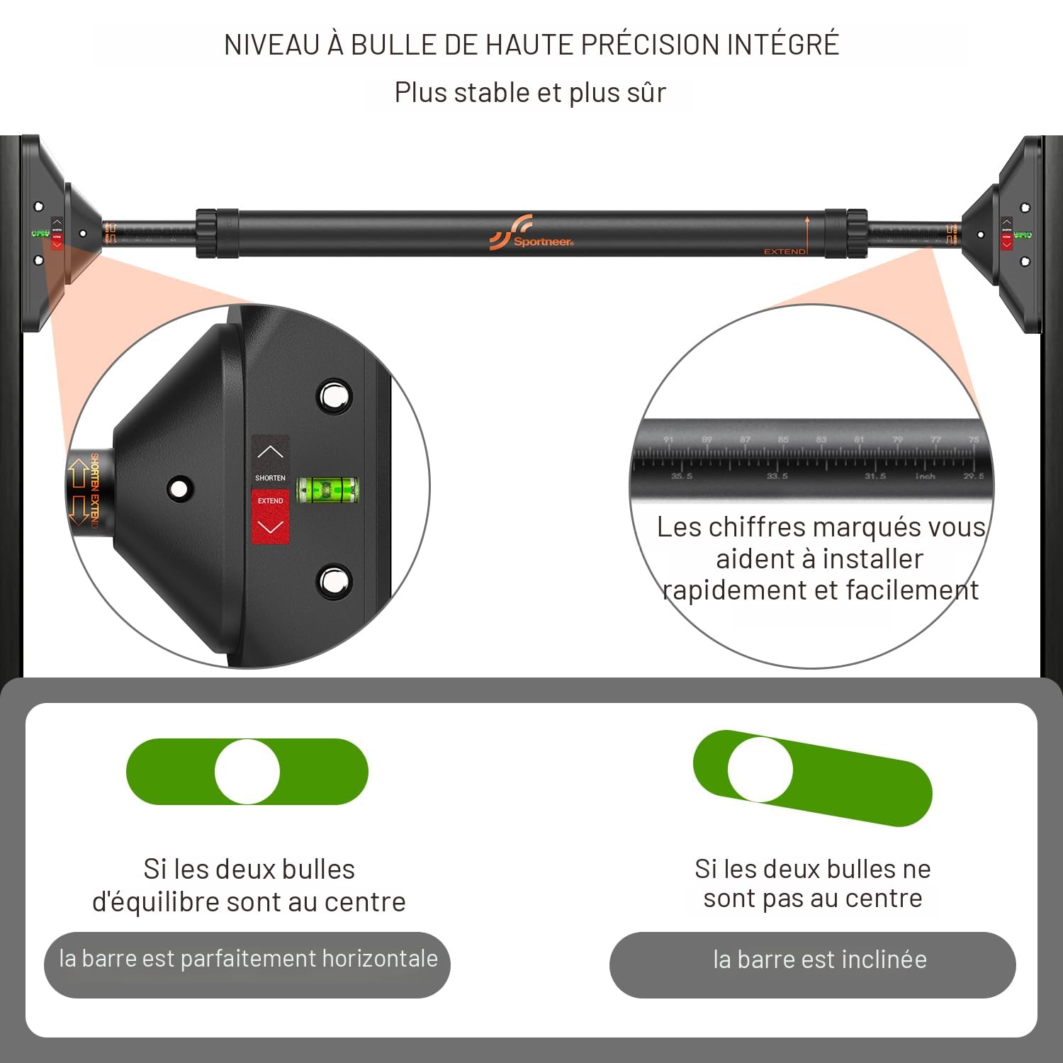 Barre De Traction Sportneer Ajustable 76-95 Cm - Fixation Sans Perçage Pour Porte, Support Jusqu'à 135 Kg, Poignée Antidérapante