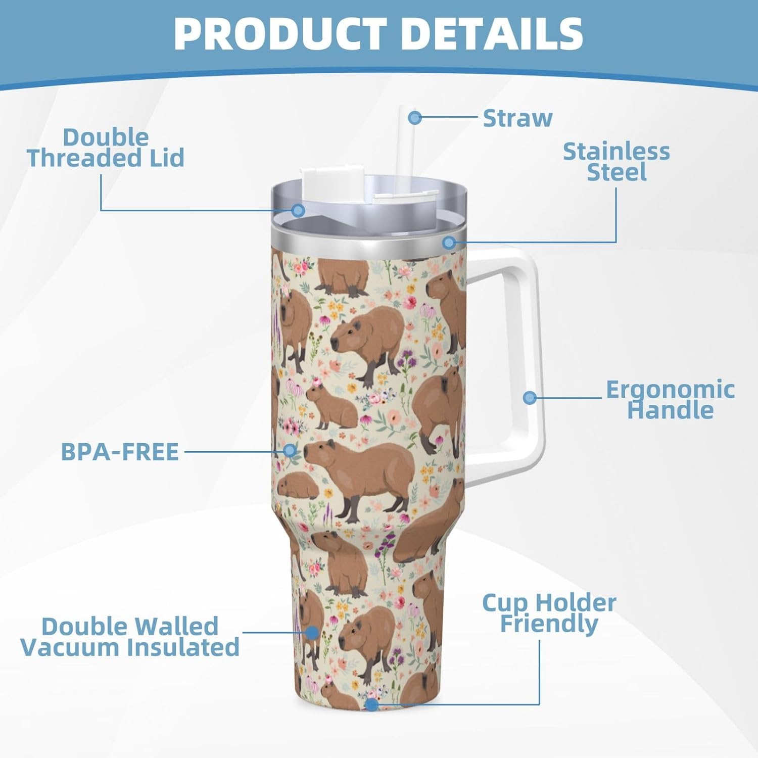 Capybara Gifts Capybara Tumbler Cute Cup for Girls, Teens, Women, Men Stainless Steel Vacuum Insulated 40oz Tumbler with Lid and Straw for Water, Iced Tea or Coffee, Beige - Image 6