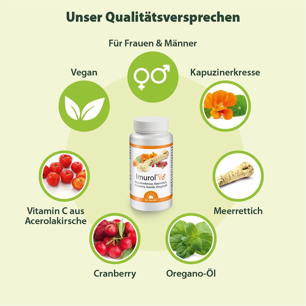 Dr. Jacob's Imurol | Kapuzinerkresse, Meerrettich und Oreganoöl Kapseln | Für Ihr Immunsystem¹ | Bioaktive Senföl-Glucosinolate | Mit Cranberry & Acerola | Gut für Frauen und Männer | 90 Kapseln