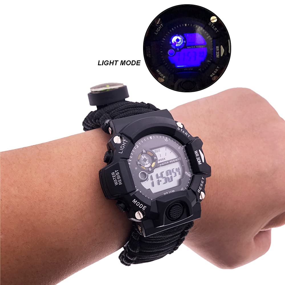 Multifunzione Orologio da Polso da Sopravvivenza All'aperto, Cinturino Impermeabile per Sport di Emergenza con Paracord, Bussola, Termometro, Fischietto, Dispositivo Antincendio, Raschietto