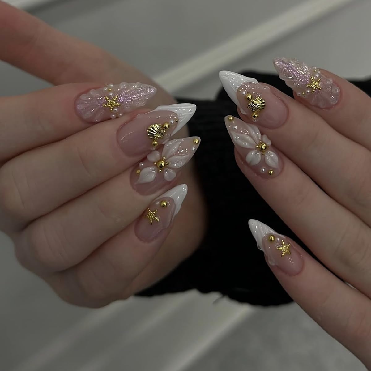 French Tip Almond Press On Nails With 3d Gild Cross Charms Kit_voghion.com