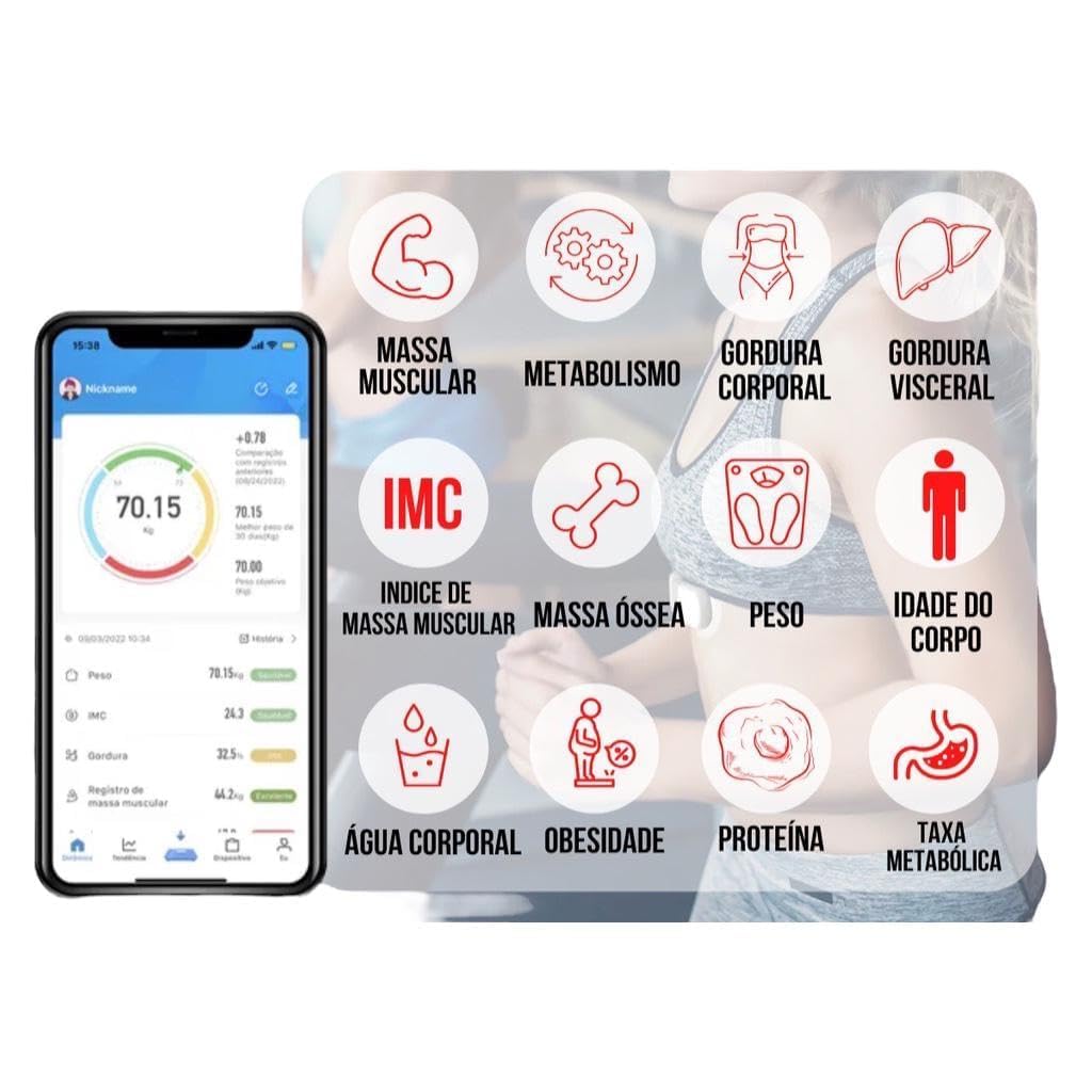 Balança Digital Bioimpedância Premium Bluetooth com App Saúde para iOS e Android, Análise Corporal Completa IMC Gordura Massa Muscular Massa Óssea Água Corporal BMR, Vidro Temperado LED