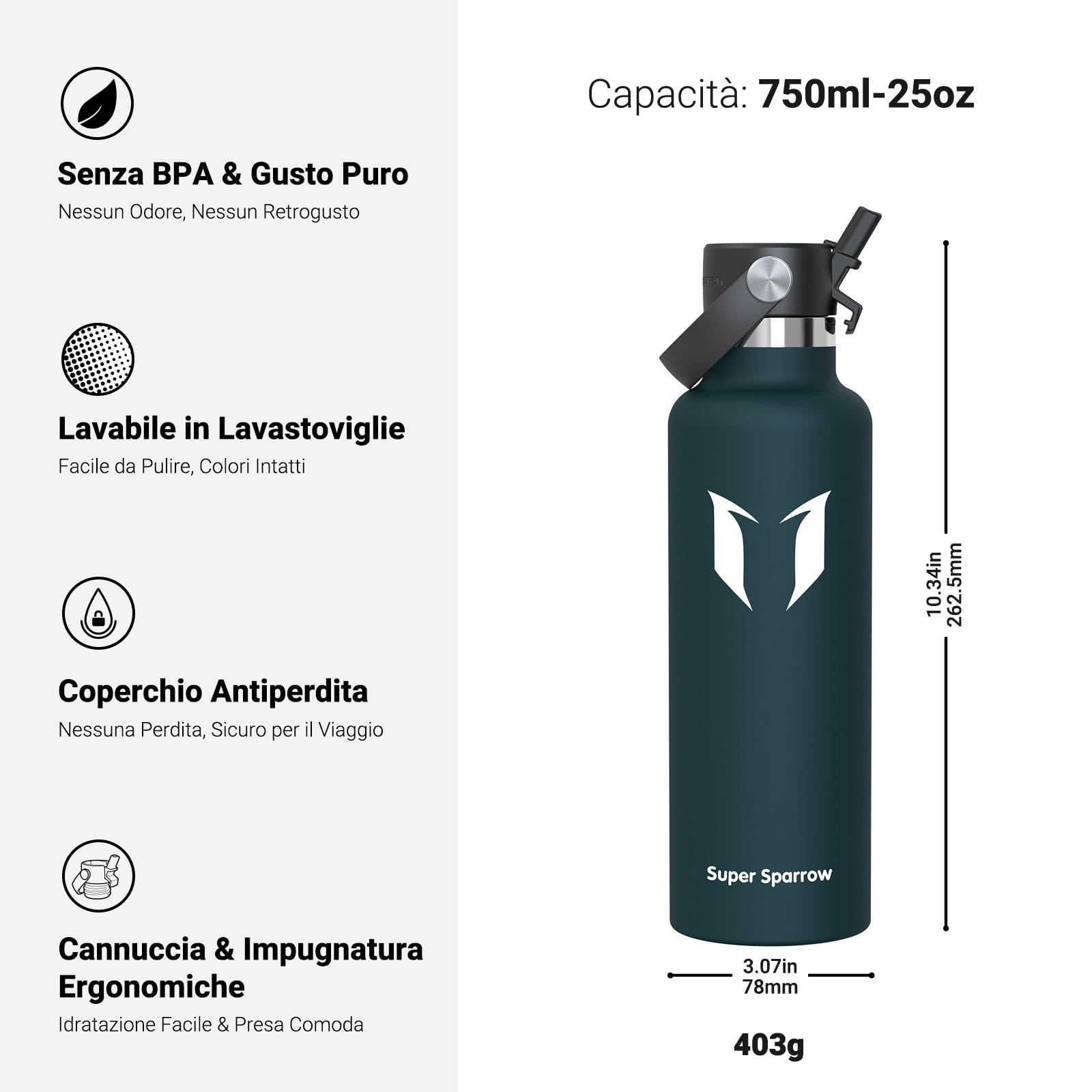 Super Sparrow Borraccia Termica, Acciaio Inox Bottiglia Termica - 350ml, 500ml, 750ml, 1L - Senza BPA Borracce, Borraccia Bambini per Scuola, Sport, Campeggio, Yoga, Palestra, Ciclismo
