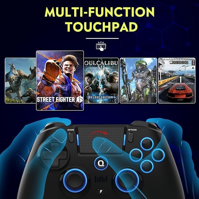 QRD Spark N5 Wireless Controller showing the multi-function touchpad in use with various game titles in the background