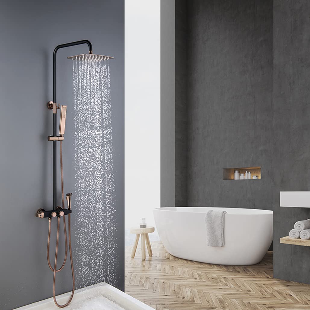 Set Doccia in Oro Rosa, Miscelatore termostatico a Parete, rubinetti per Bagno in Ottone con soffione a Pioggia da 10 x 8 Pollici e doccetta, Sistema di Lusso A（C）