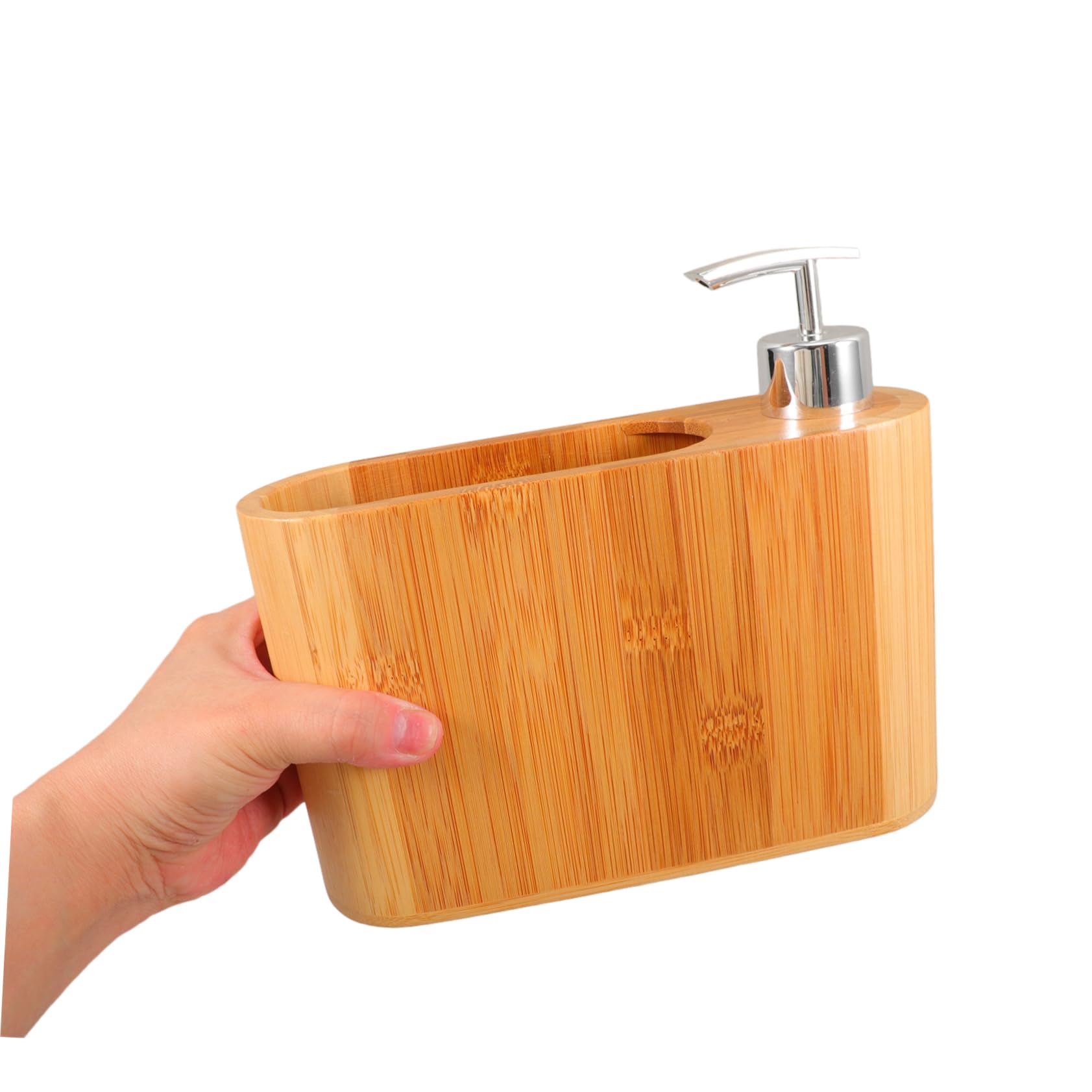 Dispenser Sapone da Appoggio a Forma Ellittica in Legno e Plastica | Design Raffinato ed Ergonomico, per Bagno di Casa, Forma Ellittica Decorativa