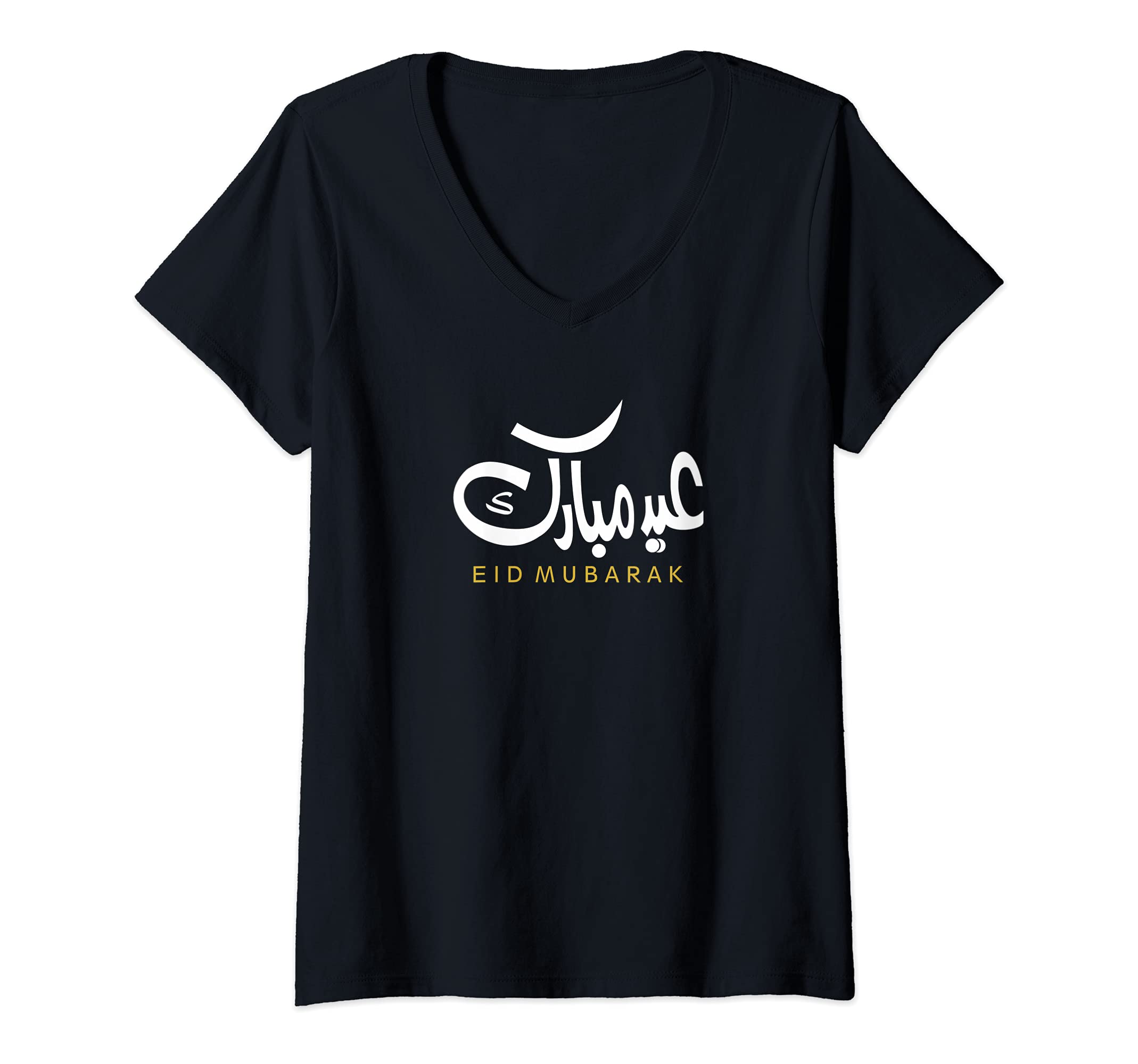 Womens Eid Mubarak Islamic Arabic Calligraphy V-Neck T-Shirt, Black