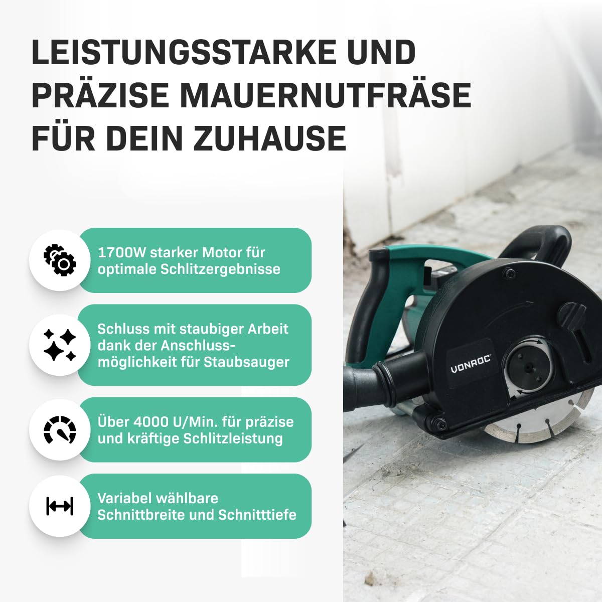VONROC Mauernutfräse mit Absaugung [1700W] - Schlitzfräse Nutfräser für Kabelnut [14/19/29mm] - Schlitzmaschine 150mm mit Schnittiefe [4-40mm] inklusive 2 Diamantscheiben