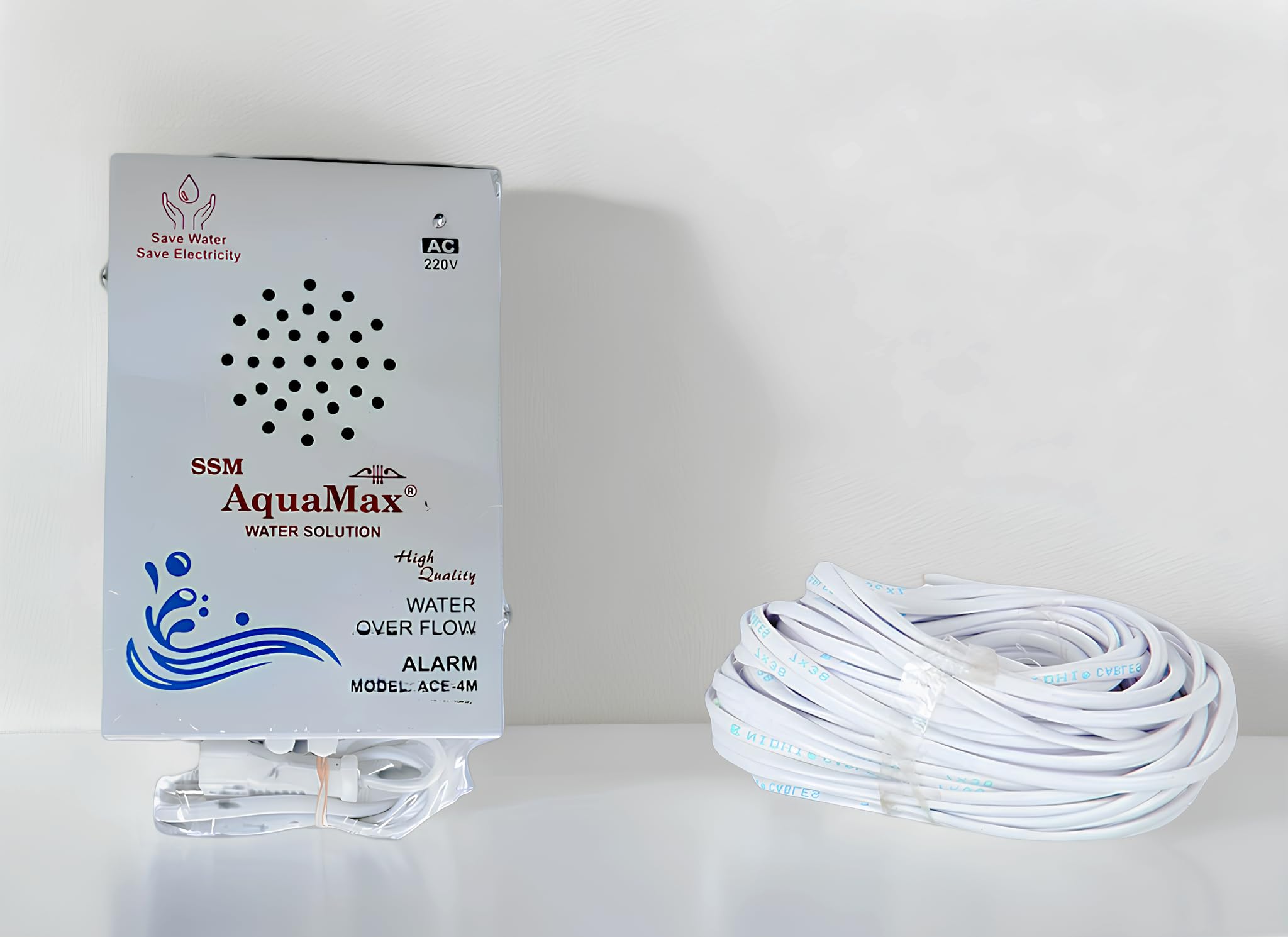 SSM Aquamax Metal Body Water Tank Overflow Alarm with 15 Meter Wire + Sensor Included | AC 220V Alarm 100% Shockproof, Loud Human Voice in Hindi and English, Made in India, 1 Year Complete Warranty