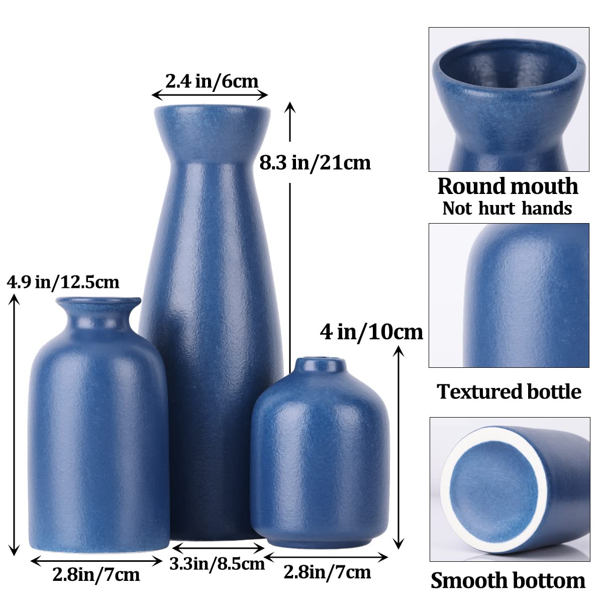 CwlwGO - Keramische rustieke vaas voor woondecoratie, set van 3 decoratieve vazen voor tafel, retro blauw, keuken, woonkamer, geweldig om een decoratief tintje toe te voegen aan het decor van elke