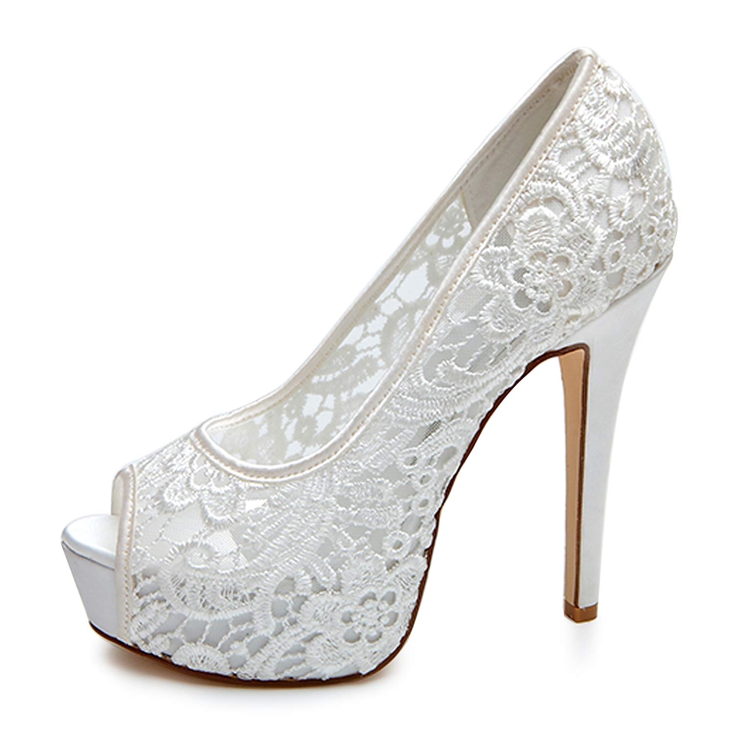 Spitze Hochzeitsschuhe, Frauen Peep Toe Elfenbein Sommer Kitten Heels Größe Plattform High Heels Party & 12,5 cm Absatz