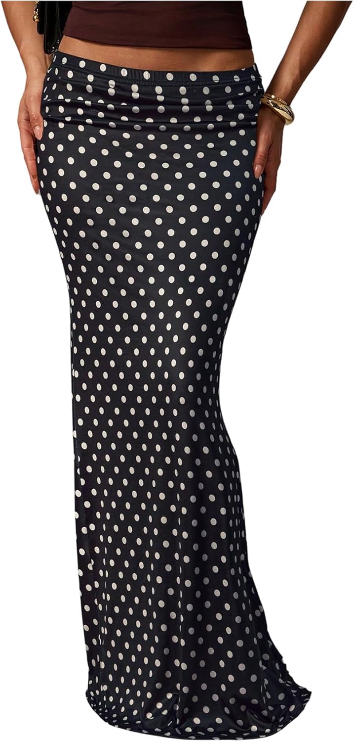 SweatyRocks Women's Polka Dots Bodycon Maxi Skirt Elegant Low Waist Fishtail Skirts