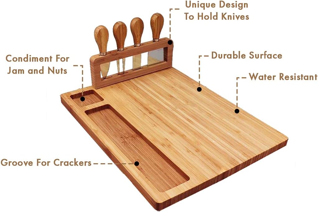 Exclusive Discount 70% Price RoyalHouse Unique Bamboo Cheese Board and Knife Set Serving Tray for Crackers, Meat, and Wine, Wood Charcuterie Platter with Slide-Out Cutlery Drawer, Wedding and Housewarming Gift