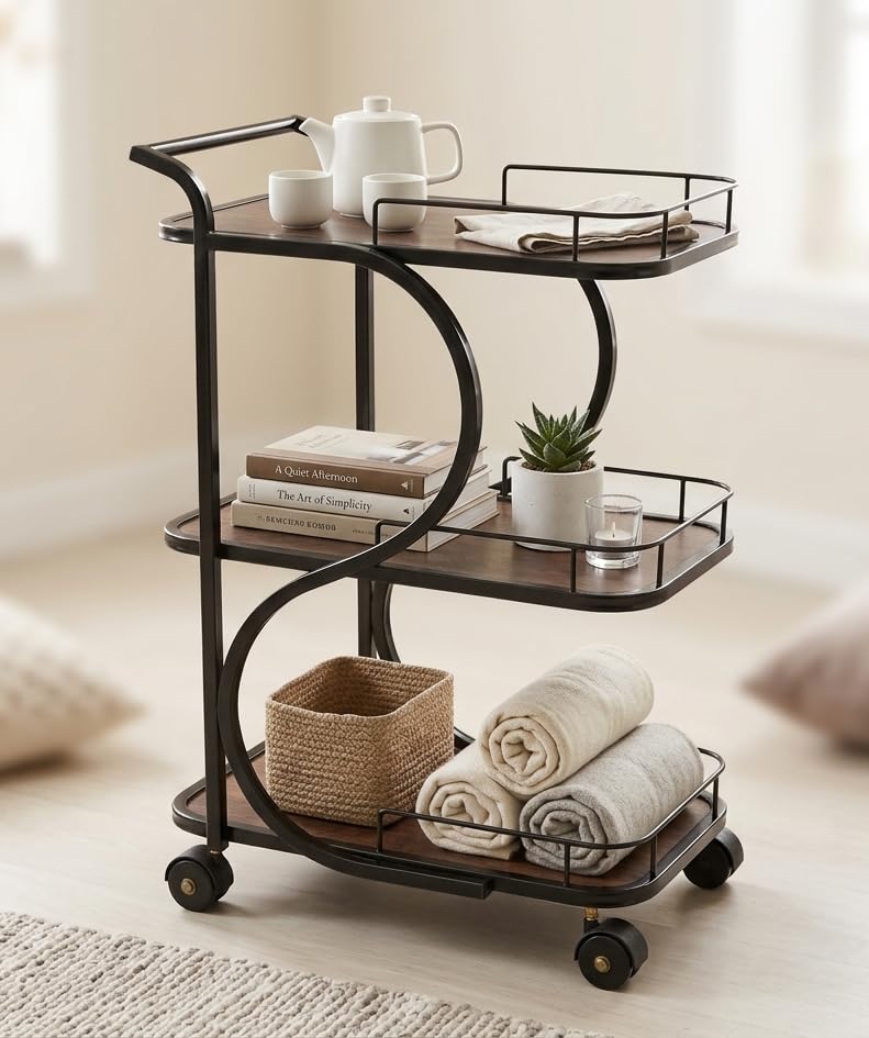 Image of Serving Trolley with Wheels for Home, Tea Food Drinks Serving Kitchen Trolley Restaurant, Hotels,Dining Room bar cart with Wheels (Black-Brown)
