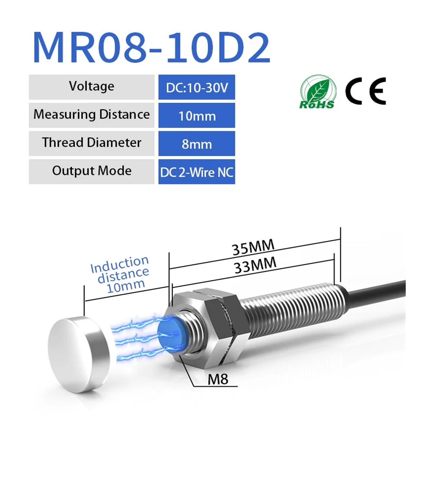 Interruptor de láminas sensor de proximidad magnético de efecto Hall LG08A3 M8 serie de cilindros 5-200V Universal 2 cables NO NC(DC 2-wires NC)