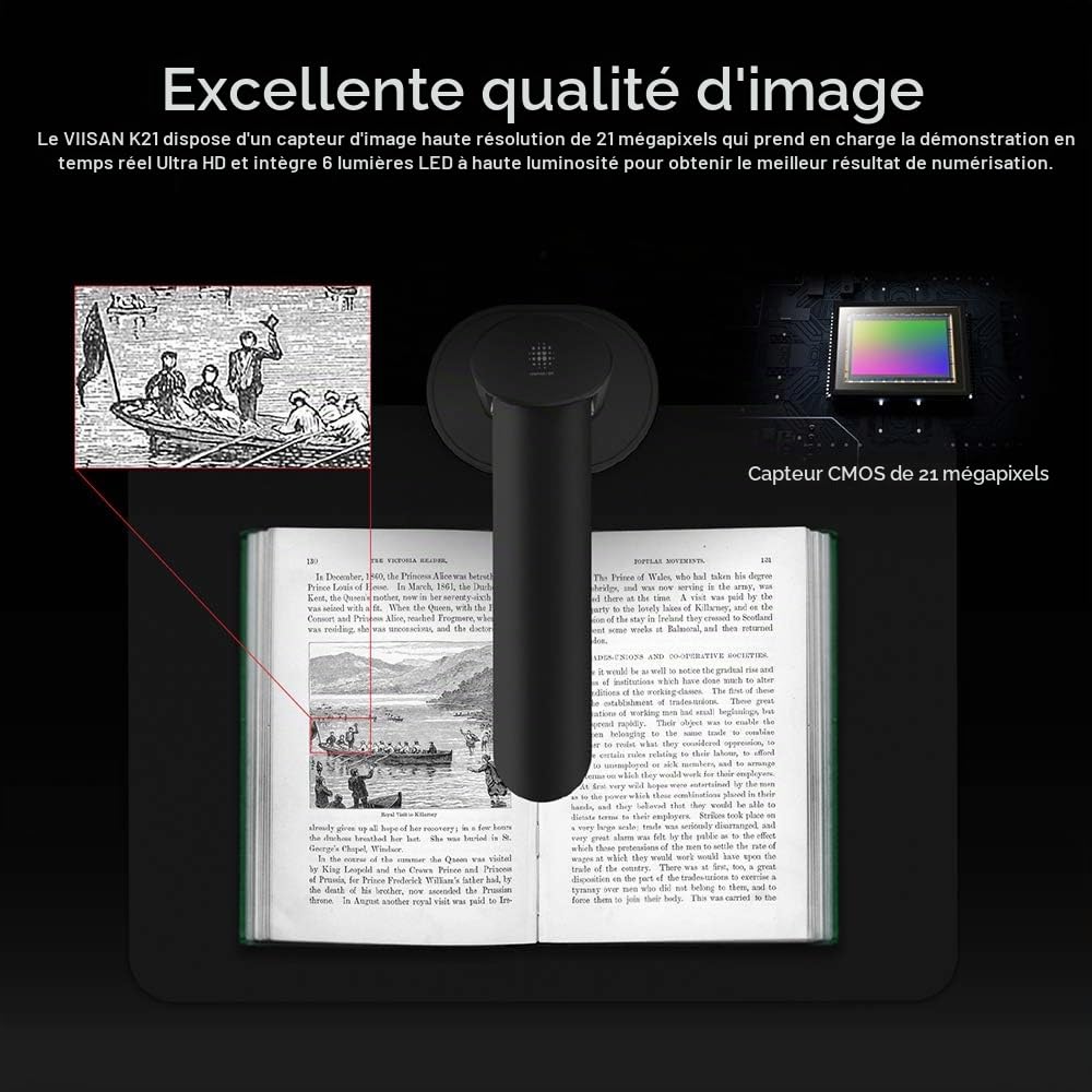 Viisan K21 Scanner de Livres et de Documents. Capteur 21 MP Corrigez automatiquement la courbure des Pages du Livre. Capturez Jusqu'au Format A3, l'édition et Le Logiciel OCR. Windows & Mac