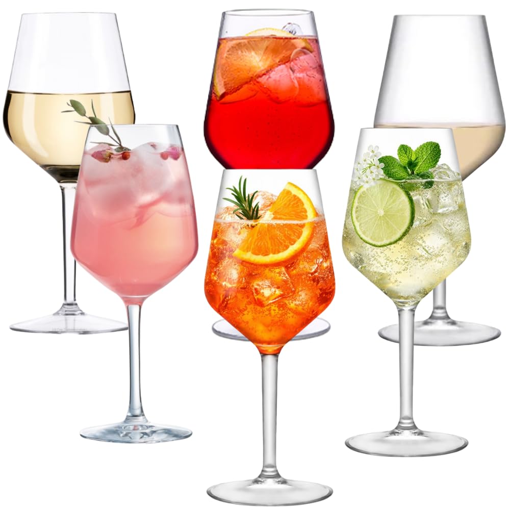 AIOS Set mit 6 Tritan-Kunststoff-Weingläsern, große Stielgläser für Aperol Spritz & Hugo Spritz, bruchsicher, BPA-frei, spülmaschinenfest, Weinspritzer, Cocktailgläser, Fassungsvermögen 470 ml