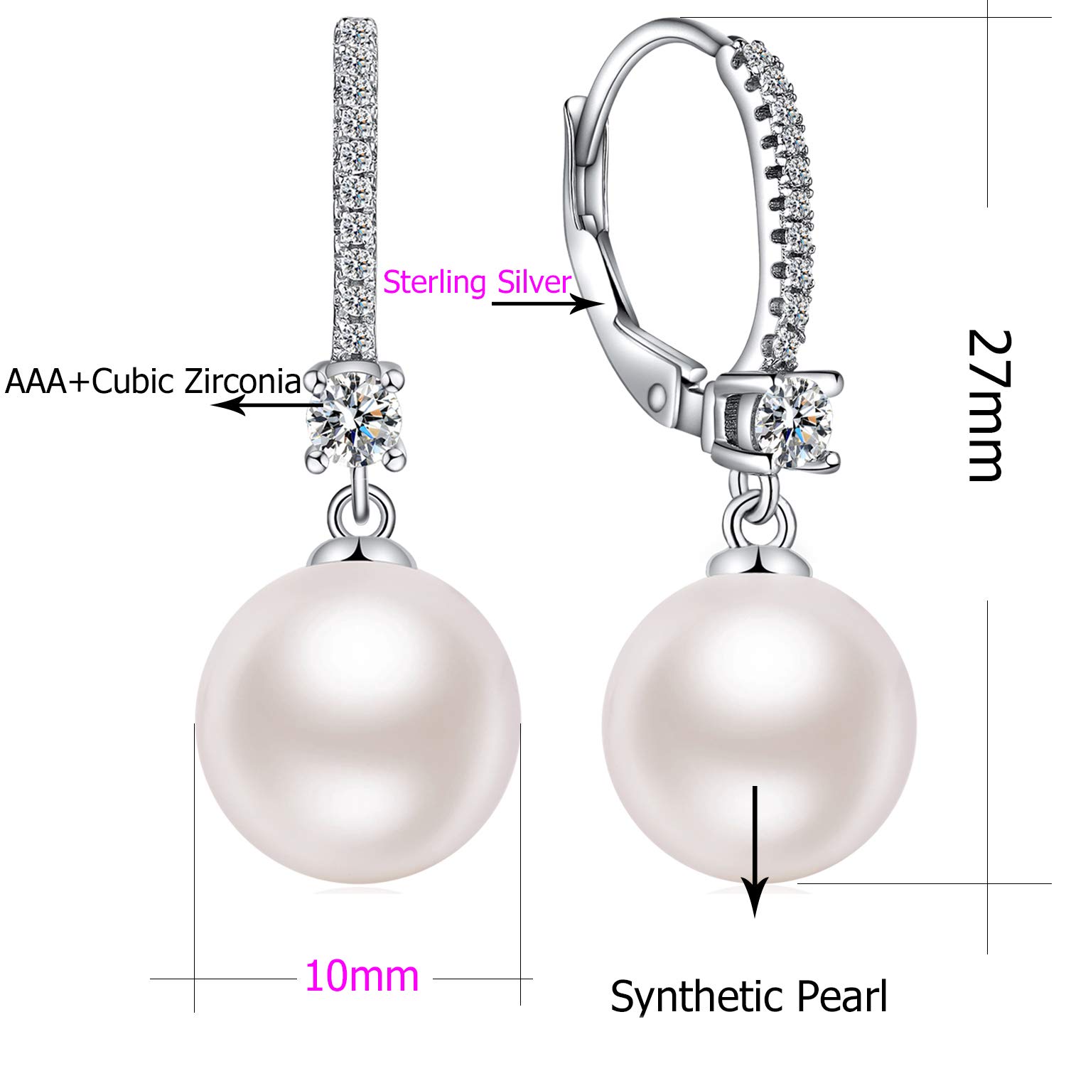 Jiamiaoi Pendientes Perlas Colgante De Plata 925,8-10mm Perla Cultivadas Y Chapado En Oro Blanco De 18k Para Mujer