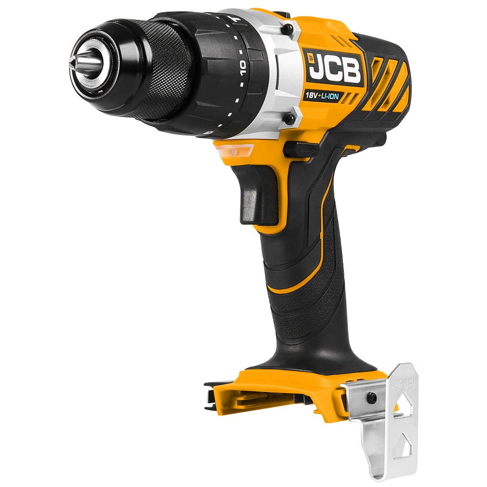 JCB18V Cordless Combi Drill, Bare Unit, Variable Speed & LED Light, 16+3 Position Torque, Rubber Grip Overmould & Belt Clip, 3 Year Warranty