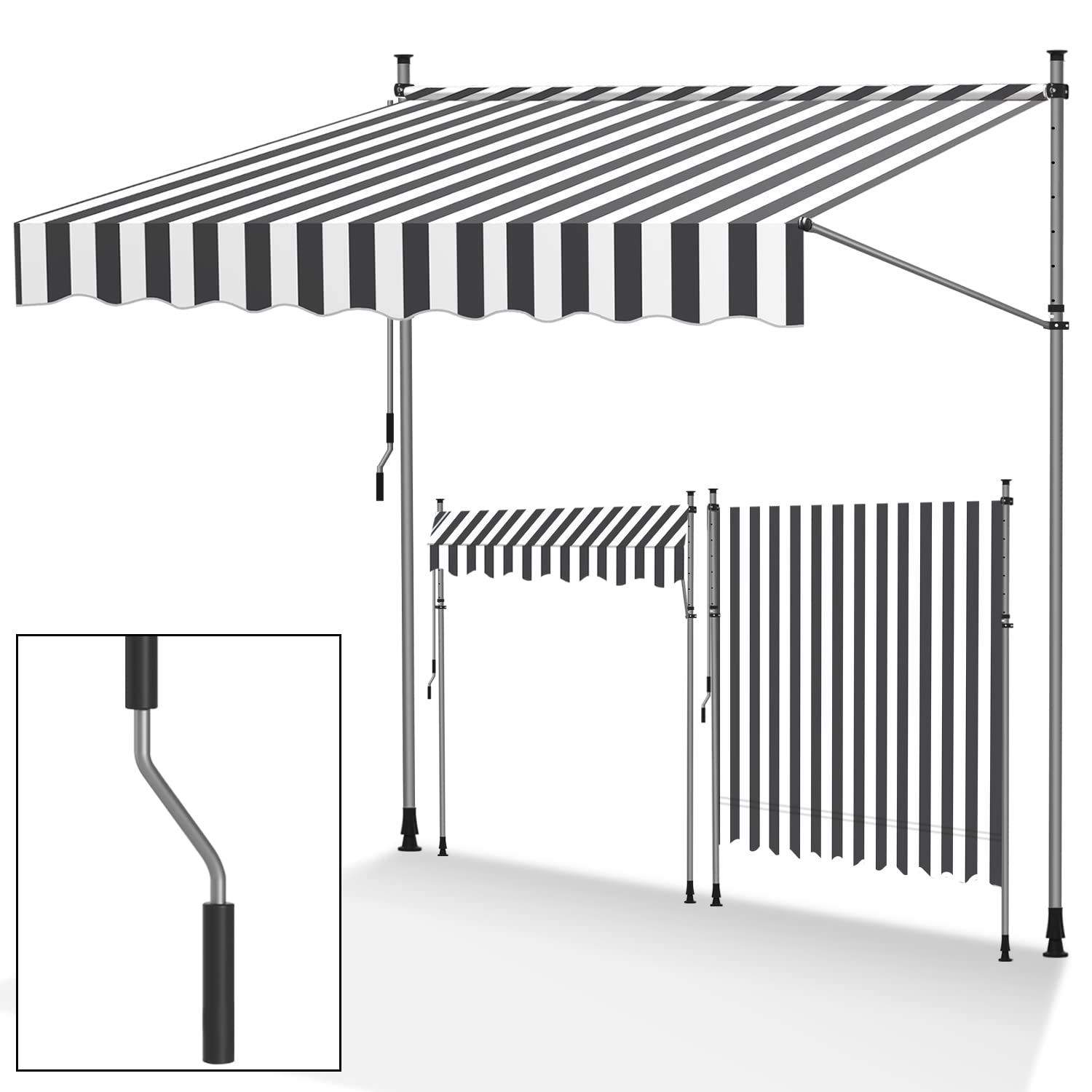 Tubiaz Klemmmarkise Balkon ohne Bohren, markise Balkon 250cm breit mit Handkurbel, Höhenverstellbare, UV-beständig und wasserdicht Klemmmarkise für Terrasse Balkon, Weiß-grau