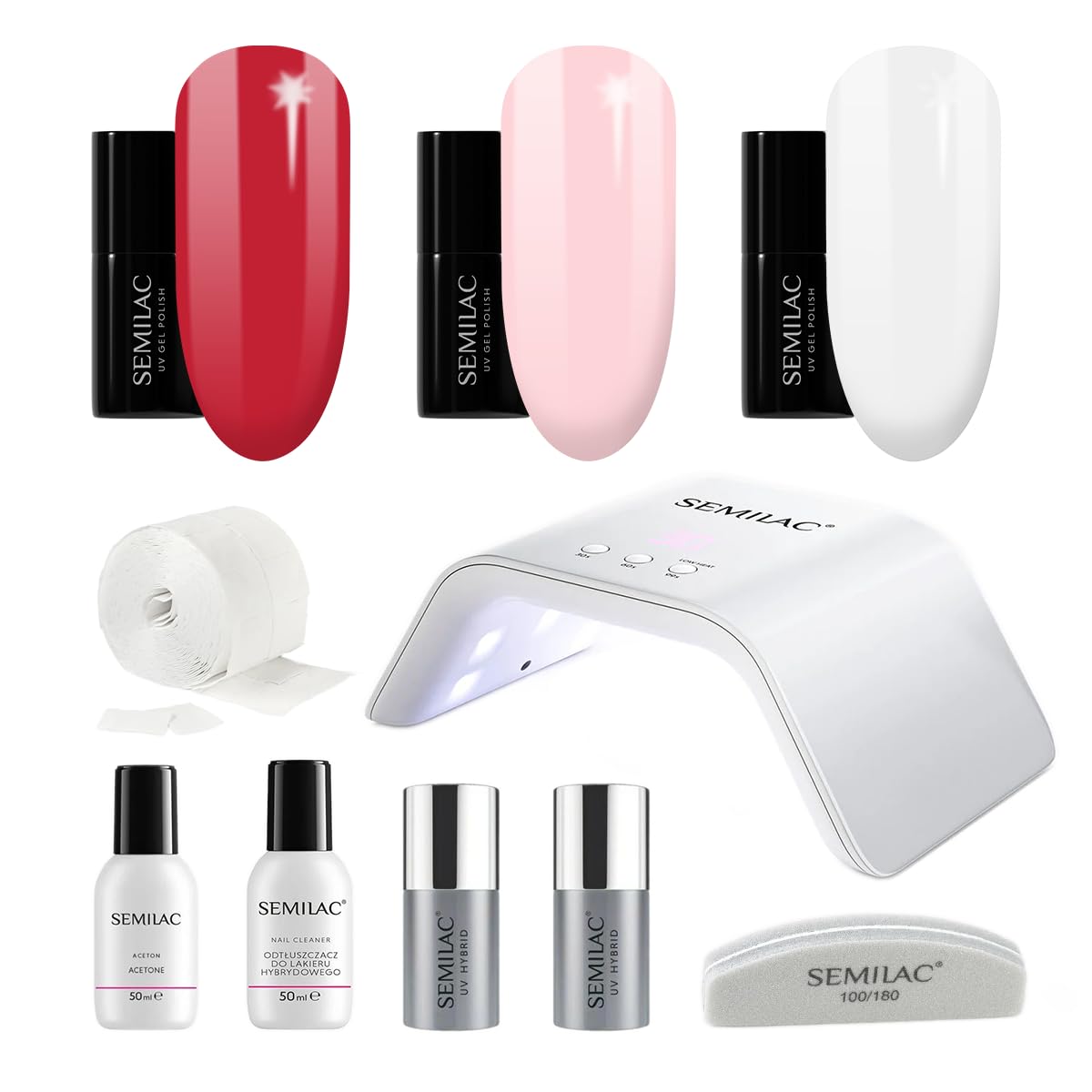 Semilac Try Me Gel Nail Starter Kit, Nail Set For Beginners - 3 x UV Gel Colours 7ml, UV/LED Lamp, Top & Base Coat 7ml, Tools & More For Perfect Manicure Tools & More - 389 Cocount Ice Cream