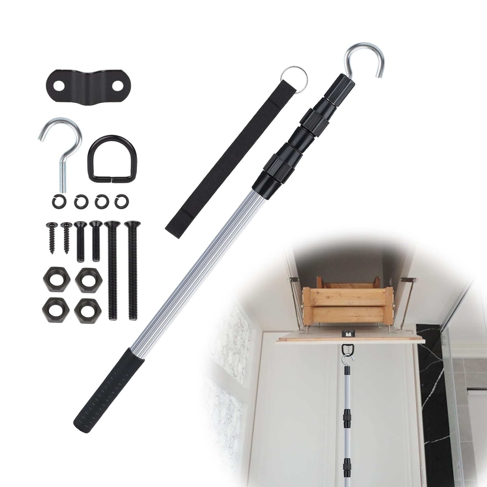 Noaya Loft Ladder Pole With Hook - Scalable Loft Ladder Pole Kit, Loft Hatch Poles, Attic Ladder Pull Hook Tool For Home Hotel Apartment, Tool Sets