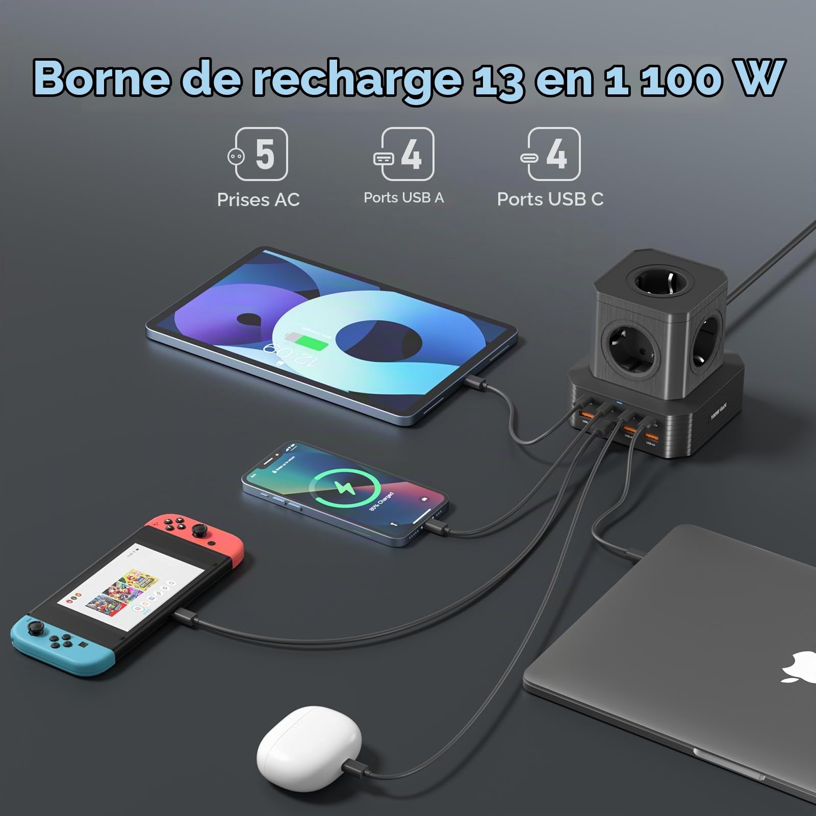 100W Multiprise USB Cube, 13 en 1 Rallonge Electrique 2M Câble avec 8 Ports USB Charge Rapide 100W PD3.0, 5 Prises AC (4000W/16A) Bloc Multiprise avec Interrupteur Rallonge Multiprise pour Bureau,Noir