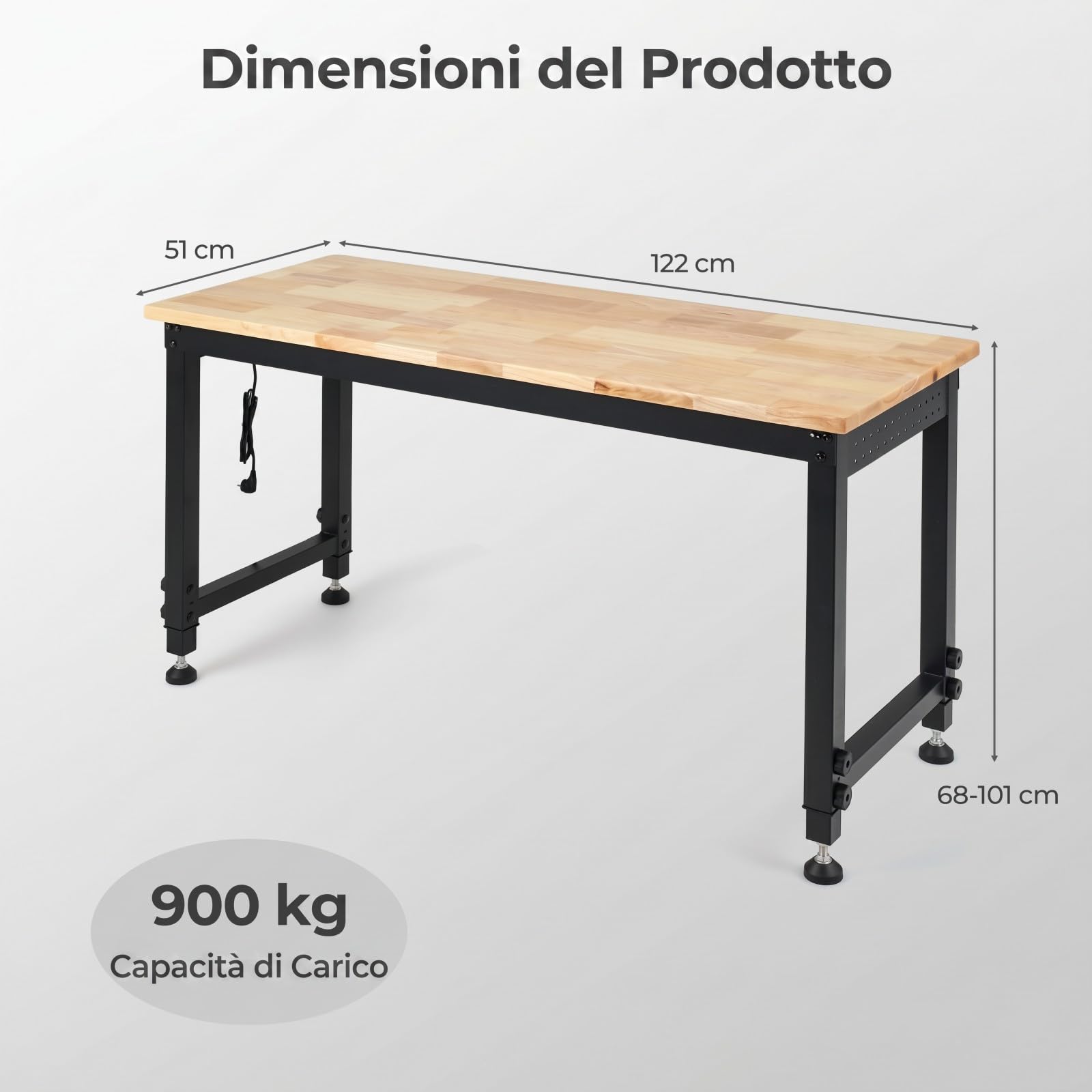 COSTWAY Banco da Lavoro Officina 122 x 51 cm, Tavolo da Lavoro Regolabile in Altezza con Stazione di Ricarica e Pannello Forato, Banco da Saldatura in Metallo per Garage e Magazzino, Portata 900 kg