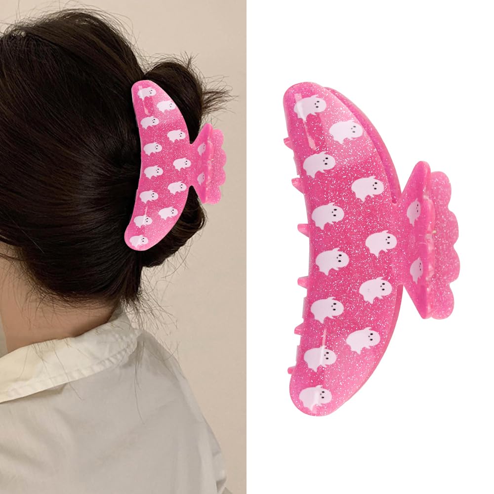 TIMMOKO Halloween Hair Clips Funny Pink Ghost Claw Clips for Girls Thick Thin Hair Strong Hold Non-Slip Halloween Hair Accessories Hair Clips for Women Girls 1Pcs