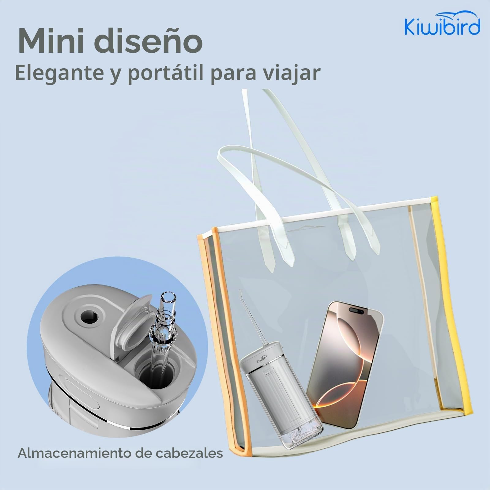 KIWIBIRD Mini irrigador bucal de agua para viajes, irrigador oral inalámbrico ultra portátil con luz UVC, IPX8 impermeable 3 modos, limpiador de dientes de 230 ml para cuidado de piedras de amígdalas