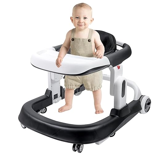 Baby Walker, 3-Gear Height Adjustable Foldable Infant Toddler Walker with Foot Pads, Baby Walker with Wheels, Baby Walkers and Activity Center, Baby Walkers for Baby Boys and Baby Girls 6-24 Months…