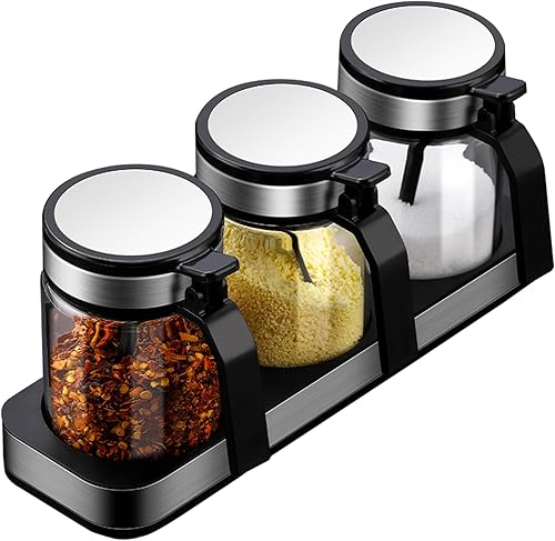 Caja de condimentos de cocina (3 tarros), recipiente de condimentos de vidrio transparente con tapa de acero inoxidable, con bandeja y 3 cucharas,