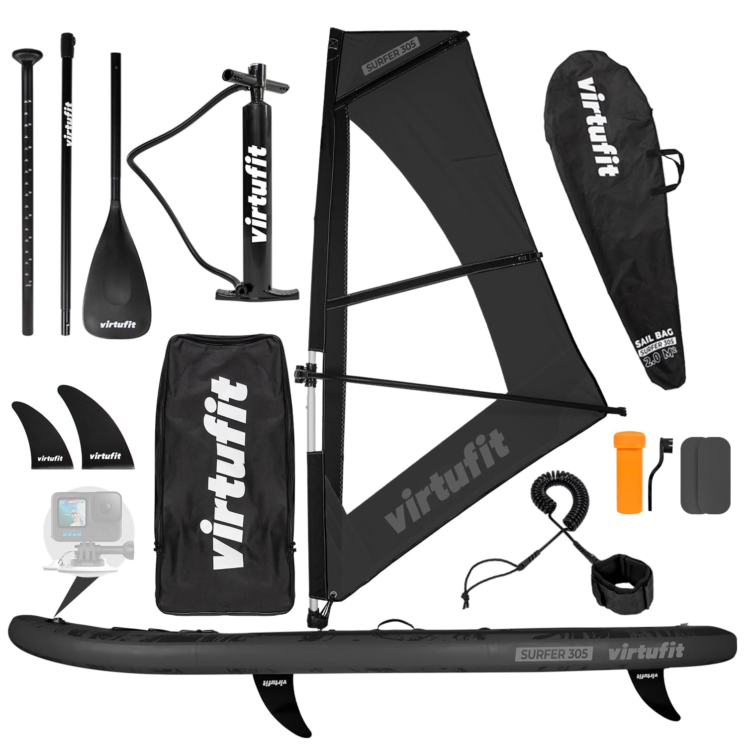 VirtuFit SUP Board Surfer 305, tavola gonfiabile con vela per windsurf, stand up paddle, nero, con accessori, pagaia, pompa, borsa per il trasporto, supporto per GoPro, per principianti ed esperti