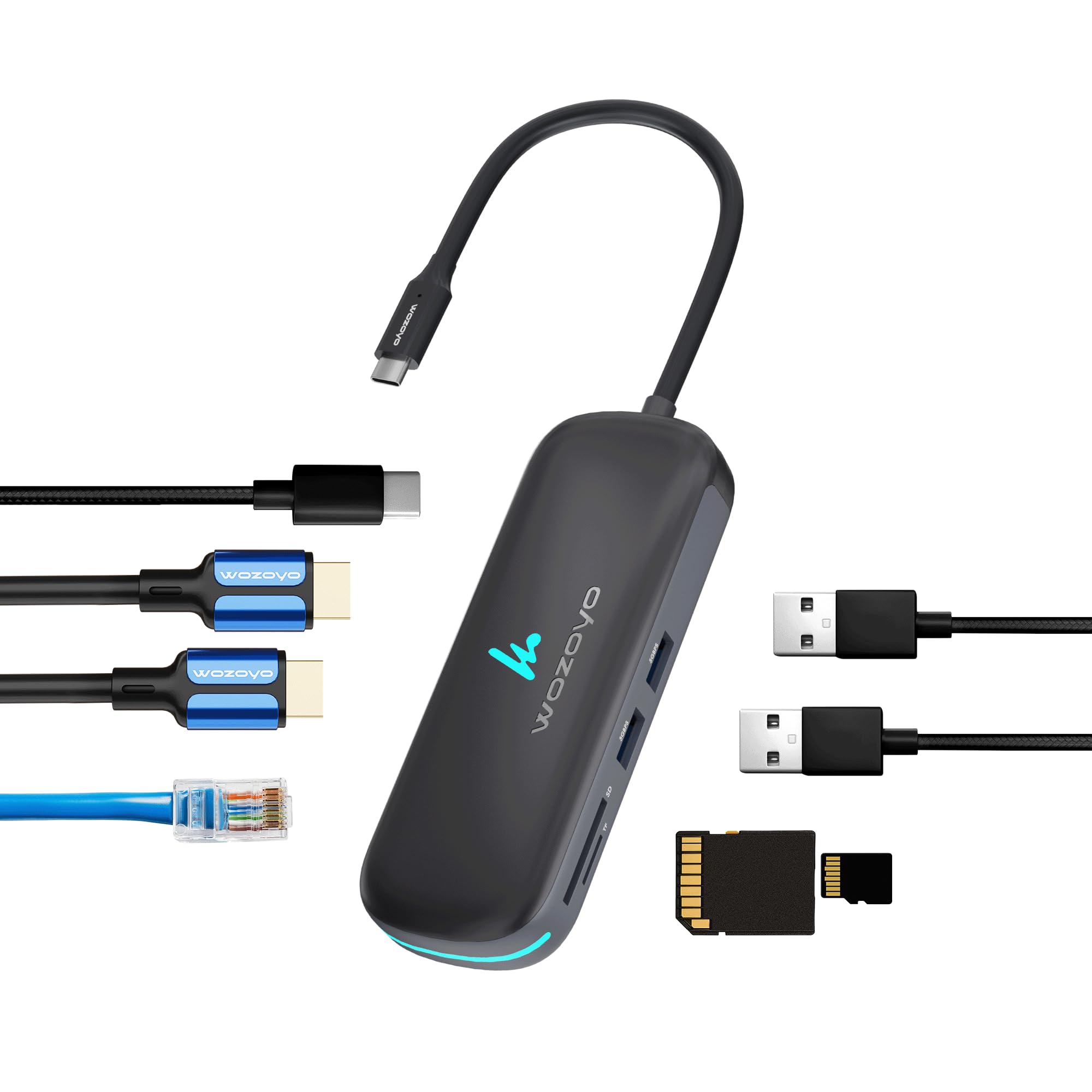 Wozoyo Type C 8 in 1 Wozoyo Docking Station with Dual USB 5Gbps, Dual 4K HDMI, Gigabit Ethernet, SD & TF Card Reader, PD 100W, USB-C Hub, Compatible with Thunderbolt 4, macOS, Windows, Android & iOS