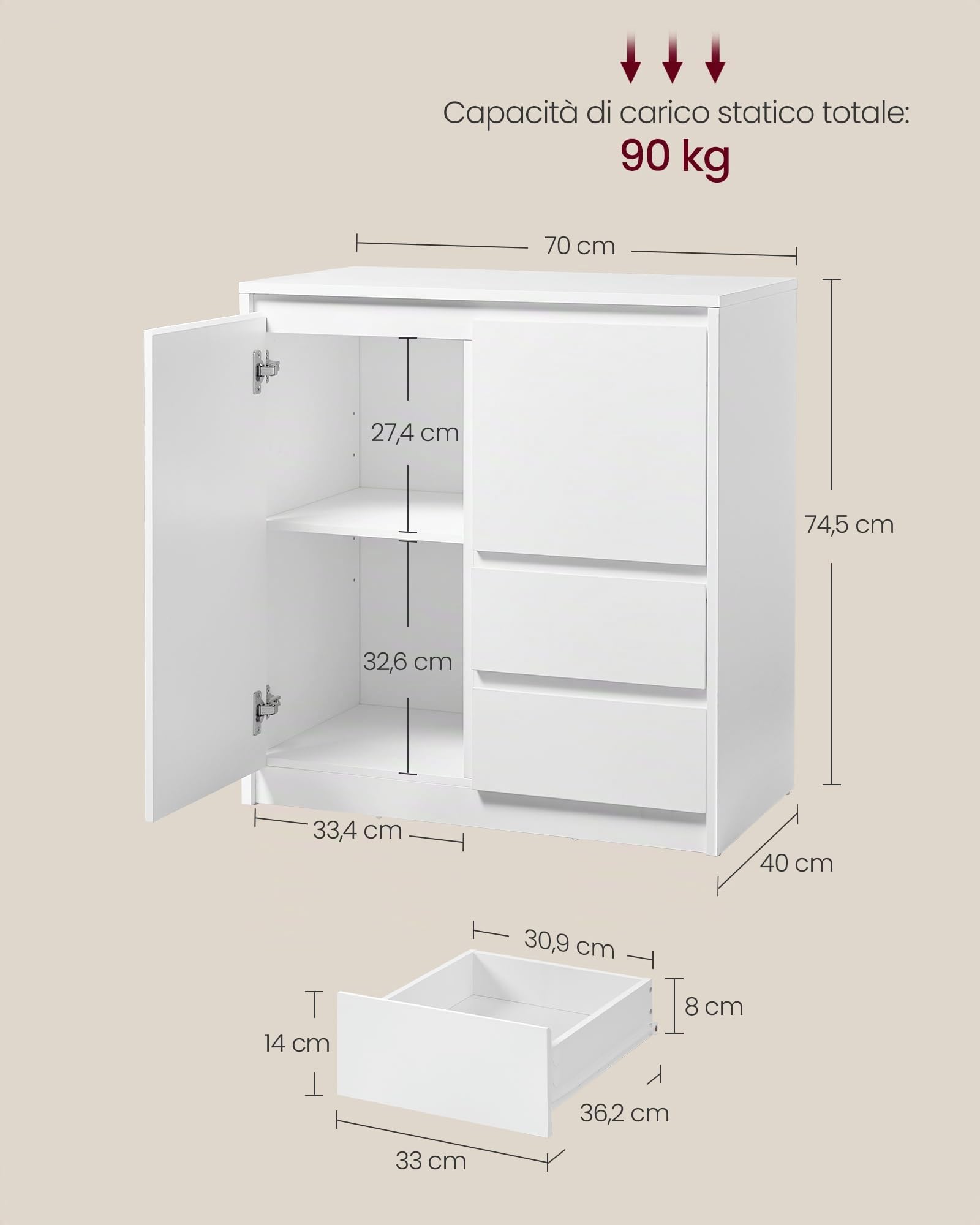 VASAGLE Collezione KAILYN - Credenza, Mobile Contenitore, con Anta e Ripiano Regolabile, 2 Cassetti, 40 x 70 x 74,5 cm, per Soggiorno, Sala da Pranzo, Ufficio, Bianco Nuvola BBK243W01V1