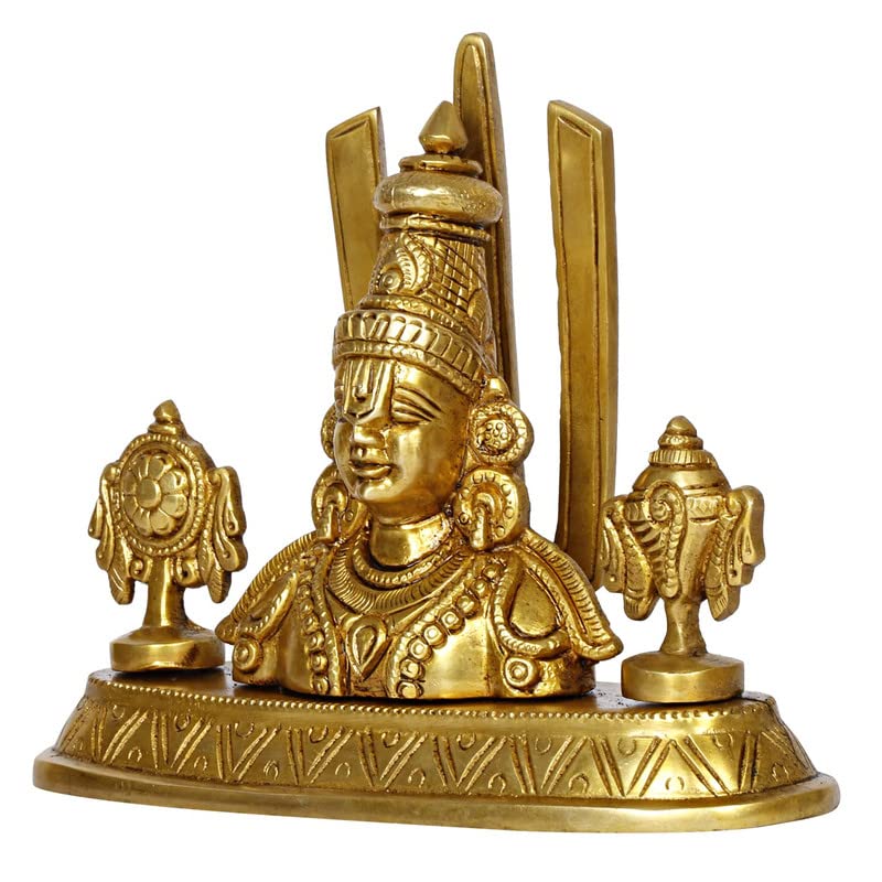 Kartique Brass Tirupati Balaji Face Idol Vishnu Chakra Namah Shankh Gold Height 5.5 Inch