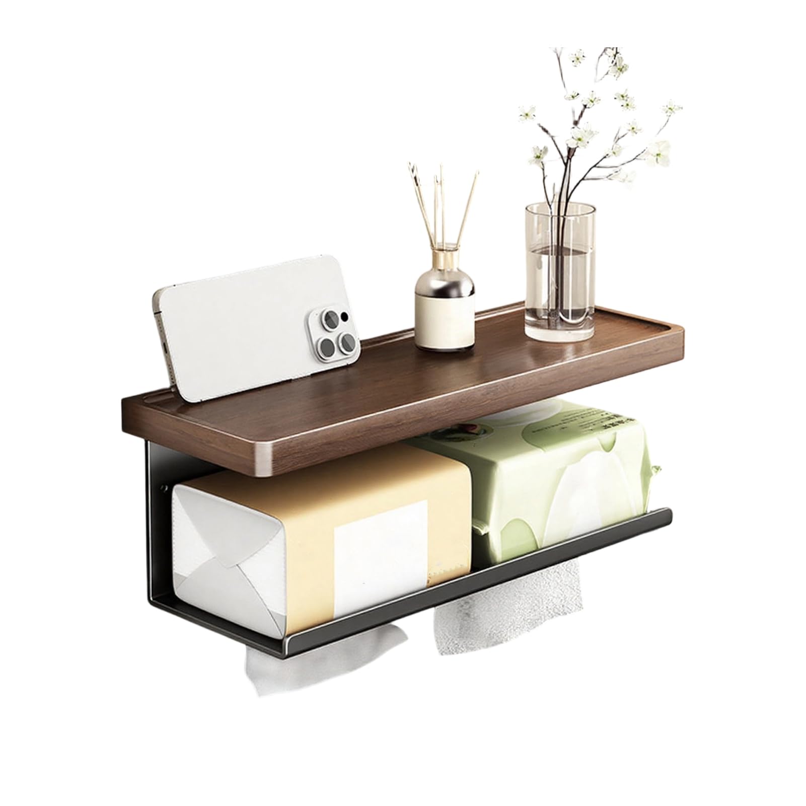 Glifora Wall Storage Rack - Strong Load-Bearing Wall-Mounted Organiser with Rounded Paper Outlet, Smooth Pull-Out, Multifunctional Wood and Metal Bathroom Shelf