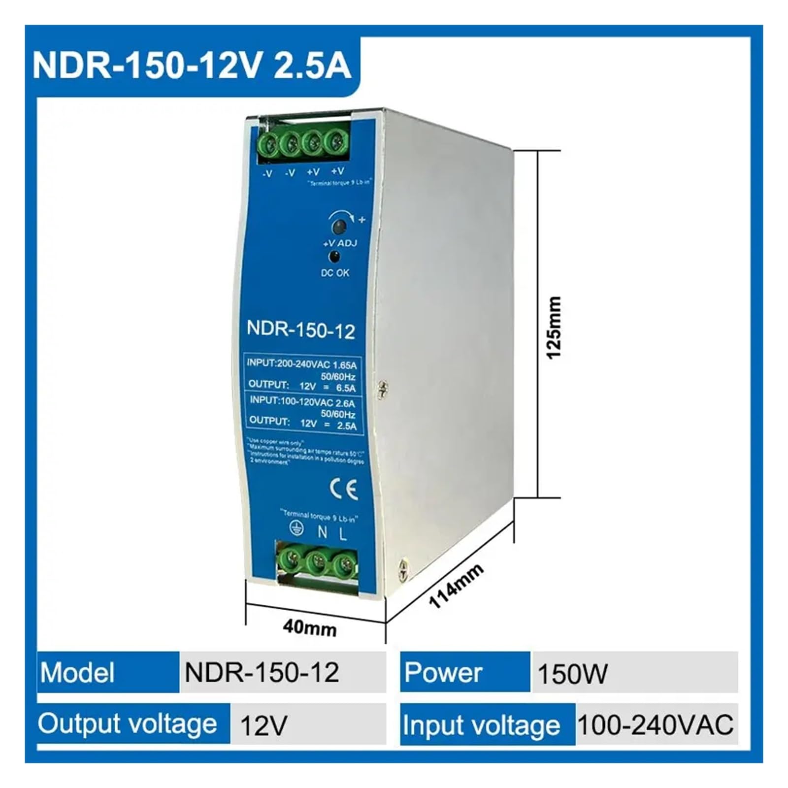Zasilacz impulsowy, 2,5A 12V 5,2A 24V NDR150W Przemysłowy zasilacz impulsowy montowany na szynie DIN z pojedynczym wyjściem AC na DC(NDR-150W-12V 2.5A)