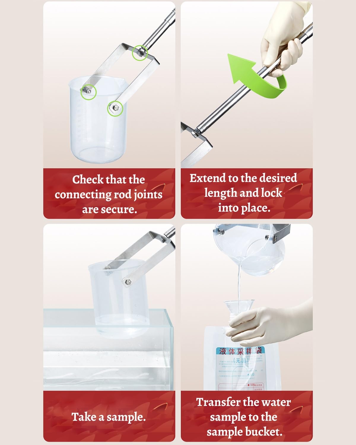 Probenehmer Wasserprobenentnahmebecher Aus Stahl für Flüsse und Meere, Teleskop-Wassertester-Set mit Probenbehälter, Pendel-Wasserschöpfkelle(Cap:500ML,1.49-7m(4.9-23.0ft))