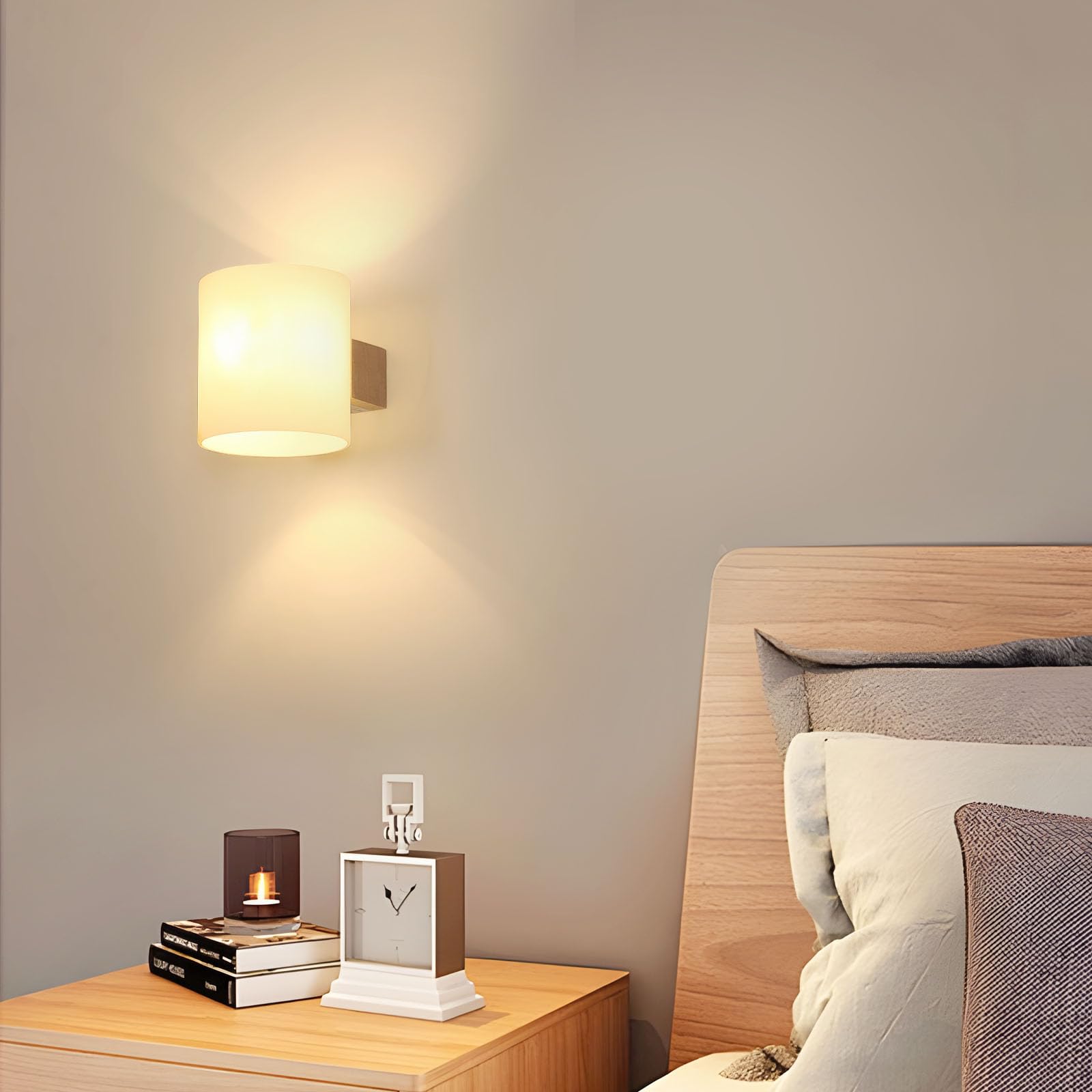 Comely Drewniany Kinkiet Wewnętrzny E27, Lampa Ścienna W Minimalistycznym Designie 3000K-6500K, Szklany Klosz Design Oświetlenie Ścienne Do Sypialni Korytarza Schodów