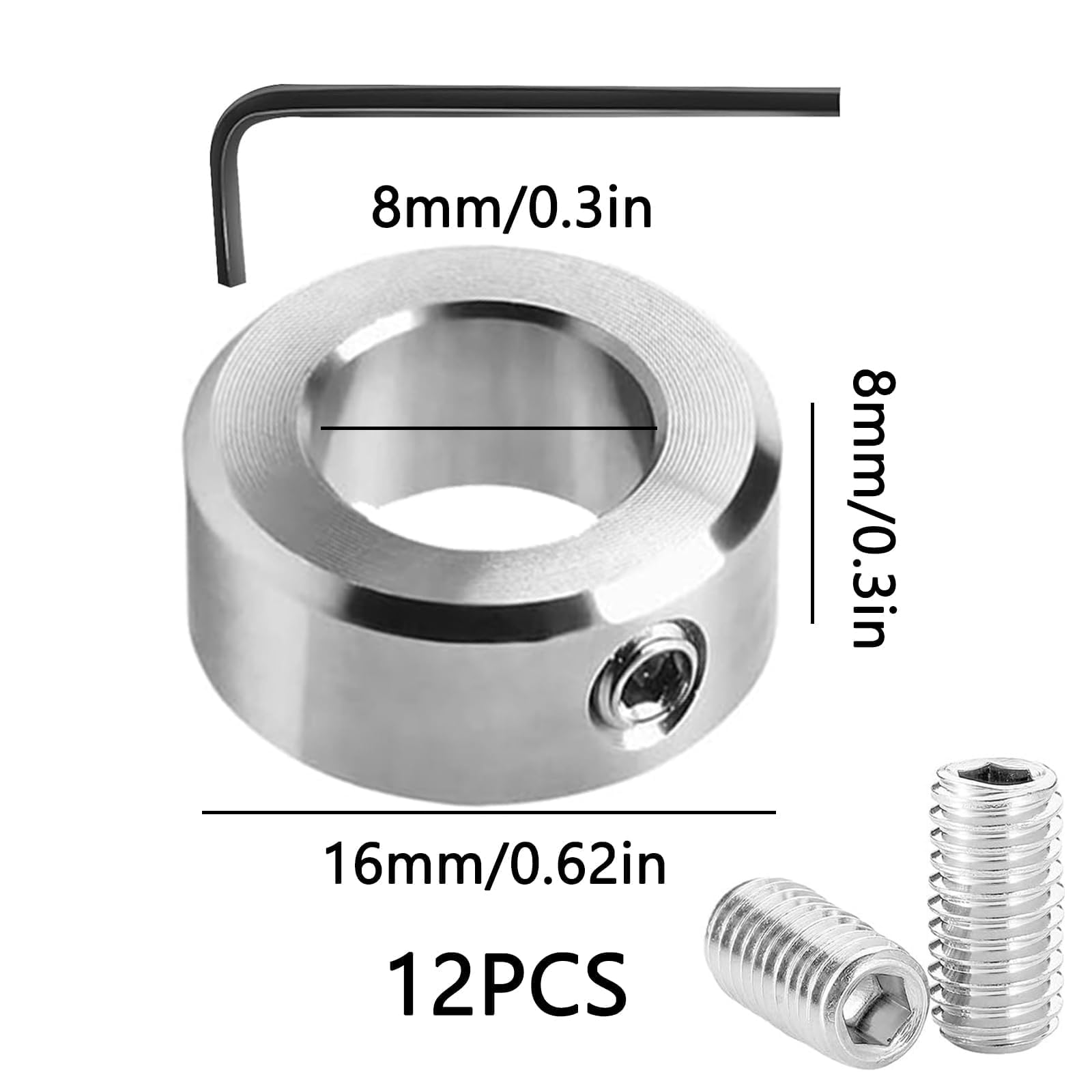 12pz 8mm Collare di Bloccaggio, Albero 8mm Collare di Bloccaggio, Posizionatori Acciaio Inossidabile, Viene Fornito con 1 Chiave a Brugola, Per lavori Perforazione Della Lavorazione Del Legno
