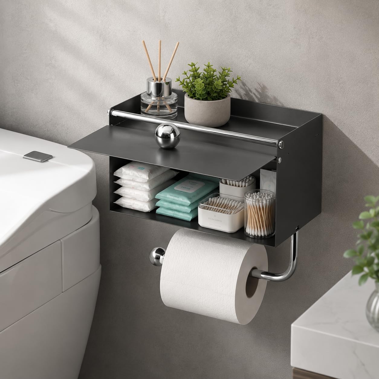 Wall Mounted Toilet Paper Holder No Drill Carbon Steel Roll Holder