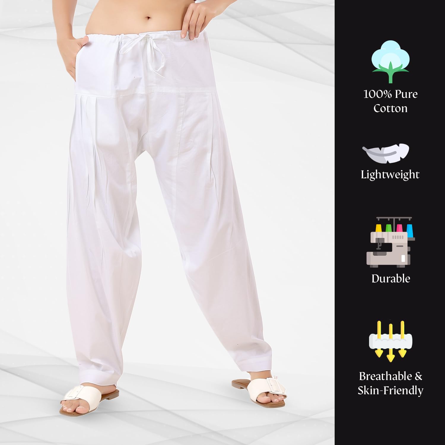 TRASA Semi Patiala Salwar Cotton One Side Pocket Traditional Indian Bottomwear Pant - Free Size Fit up to XXL - White - Image 4 thumbnail