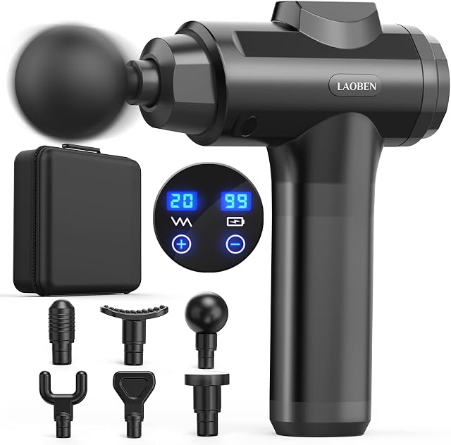 Massage Gun, LAOBEN Handheld Deep Tissue Muscle Massager, 6 Massage Heads, 20 Speeds, LCD Touch Screen, Percussive Massager with Carrying CaseRelaxation Tight Muscles and Back Pain.
