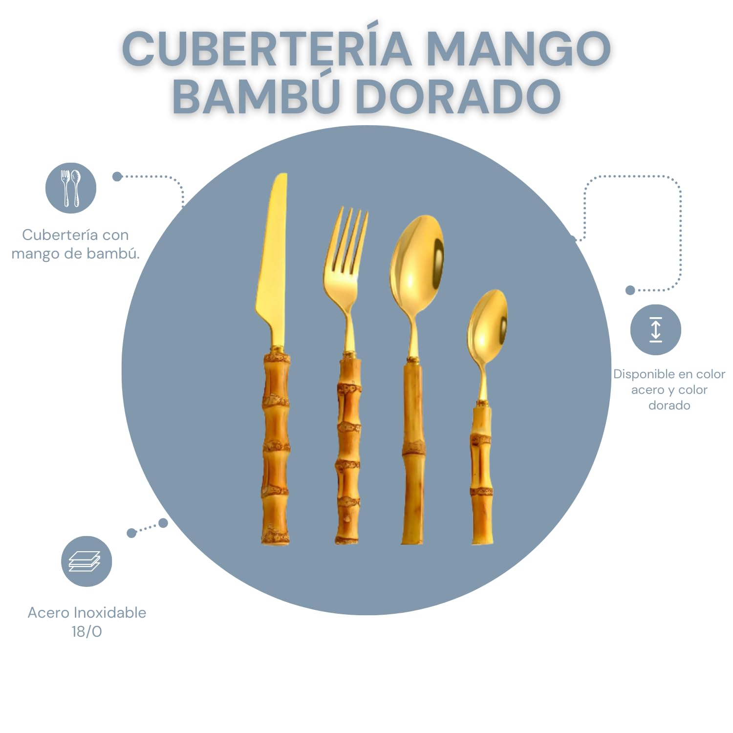 EME Set Cubertería Dorada 24 piezas con Mango de Bambú Natural. Incluye: 6 Cuchillo de mesa, 6 Cuchara de mesa, 6 Tenedor de mesa y 6 Cuchara de café postre.