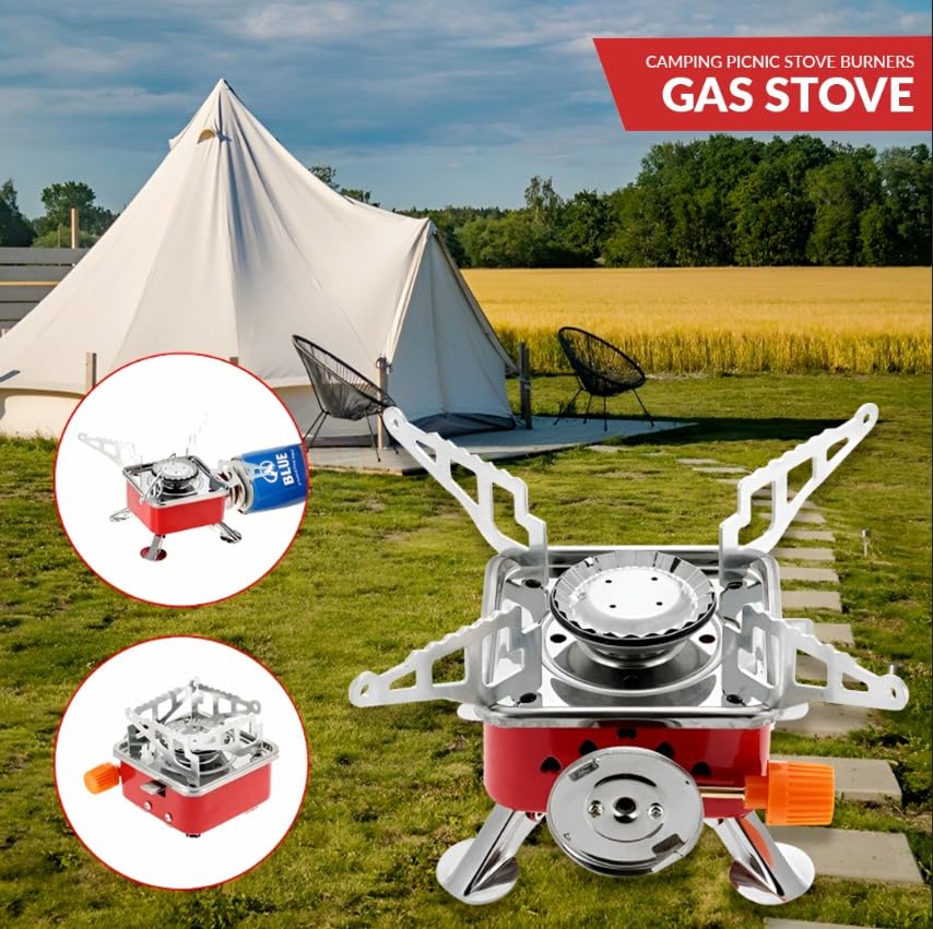 Image of camping stove with cylinder | camping gas stove | Camping Stove - 2800W Ultra-Light Picnic Cooking Gas Burner, Folding Emergency Stainless Steel (Stove+ 3 Butane)