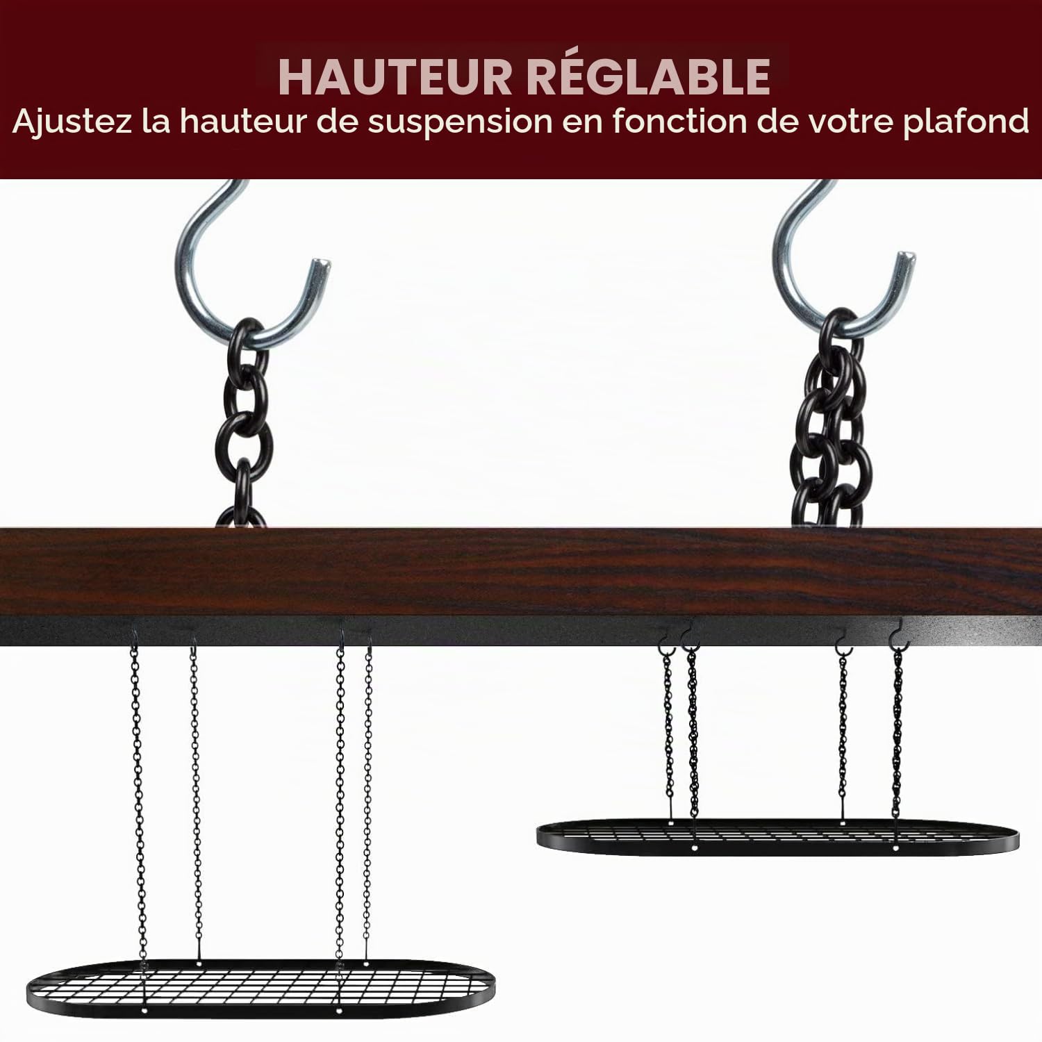 Vdomus Étagère de rangement robuste pour casseroles – 83 x 43,2 cm – Rangement au plafond élégant en alliage d'acier noir avec 15 crochets – Organisez les ustensiles de cuisine et les ustensiles de