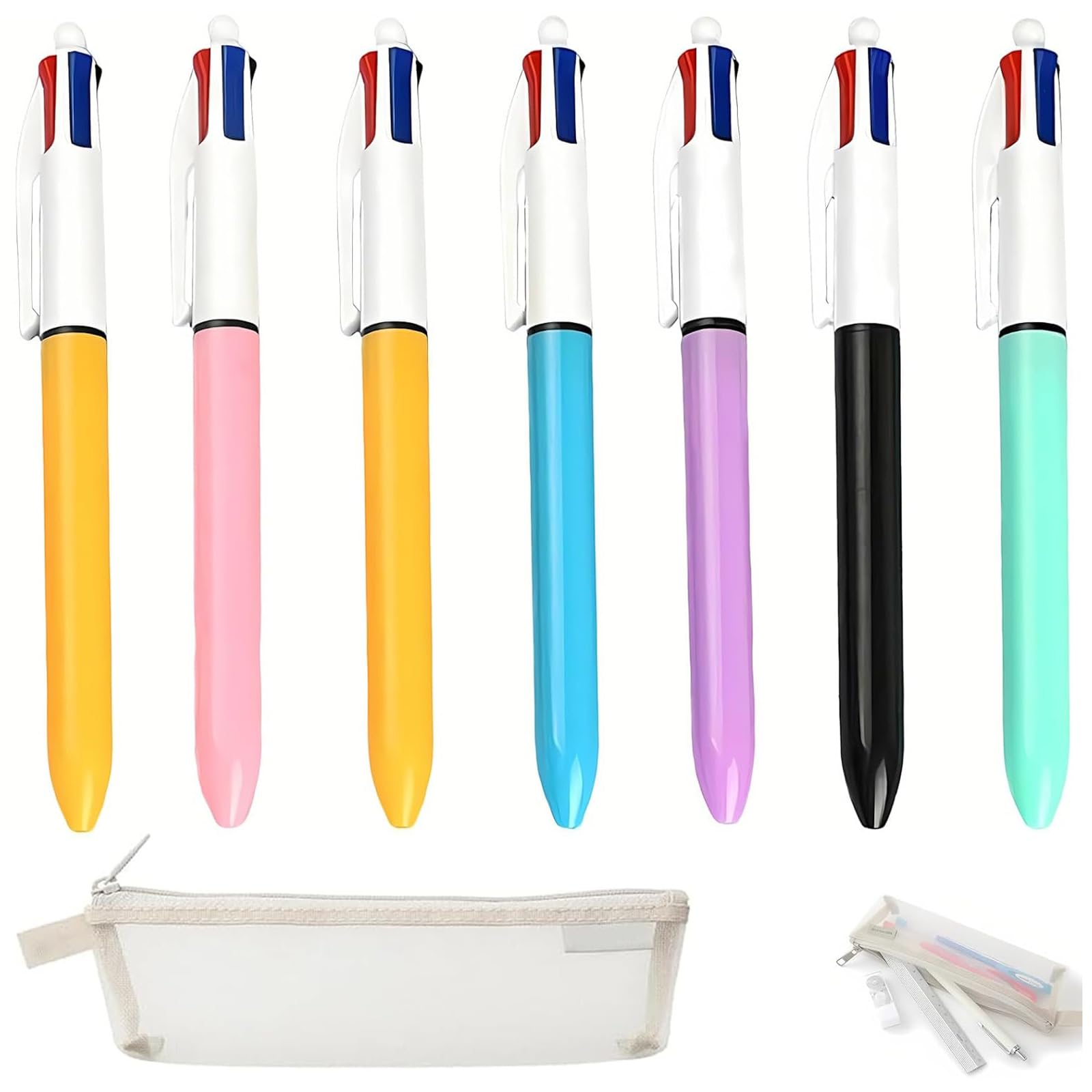 KSVFTB 7 Pcs 4 Colour Pen, Multi Colour Pen with Pencil Case Clear, Retractable Ballpoint Pens with Black, Blue, Red