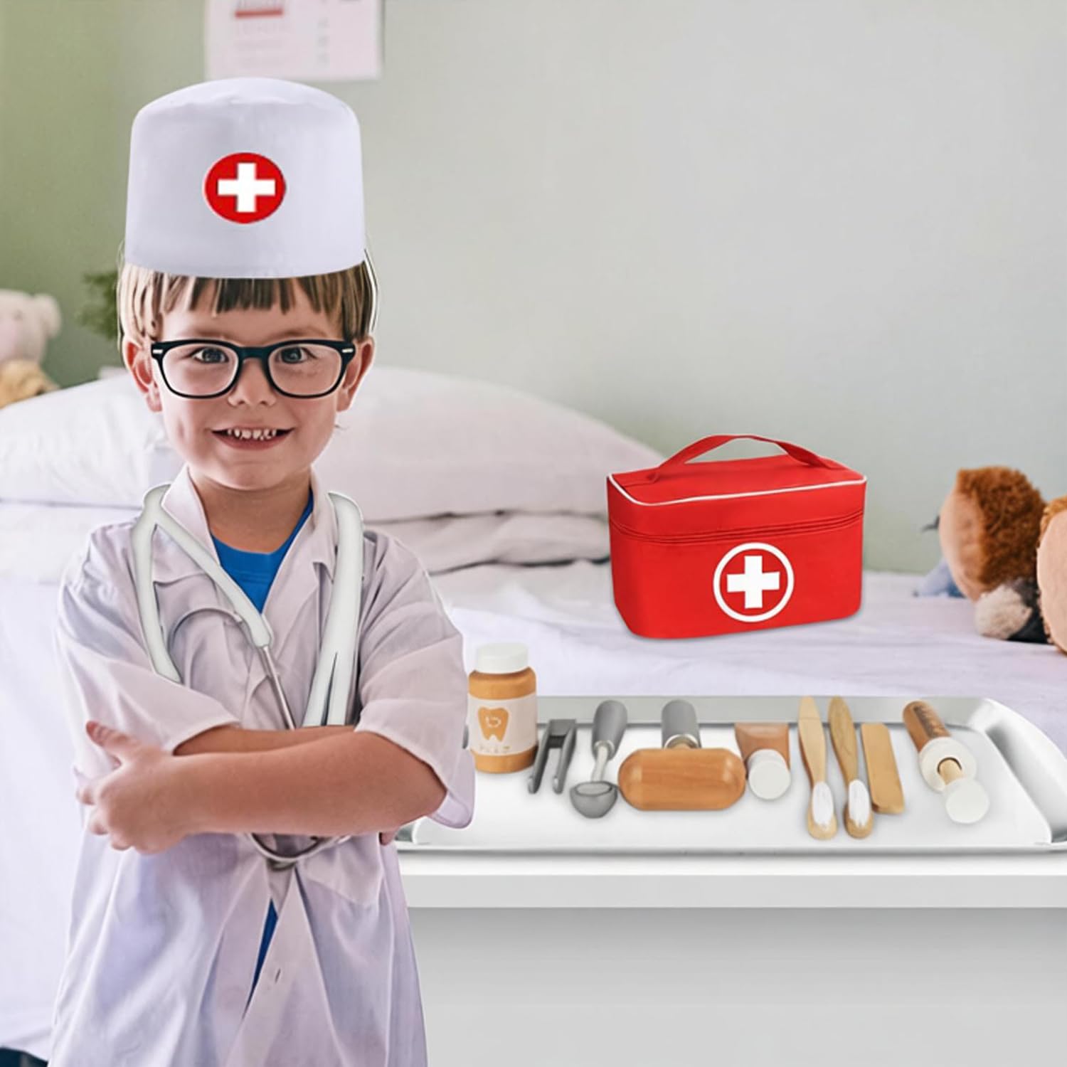 Malette Docteur Enfant Médecin Jouet Bois avec stéthoscope véritable, Mallette de Dentiste, Blouse de Docteur, Cadeau médical de Jeu de Rôle pour Filles garçons 3 4 5 Ans